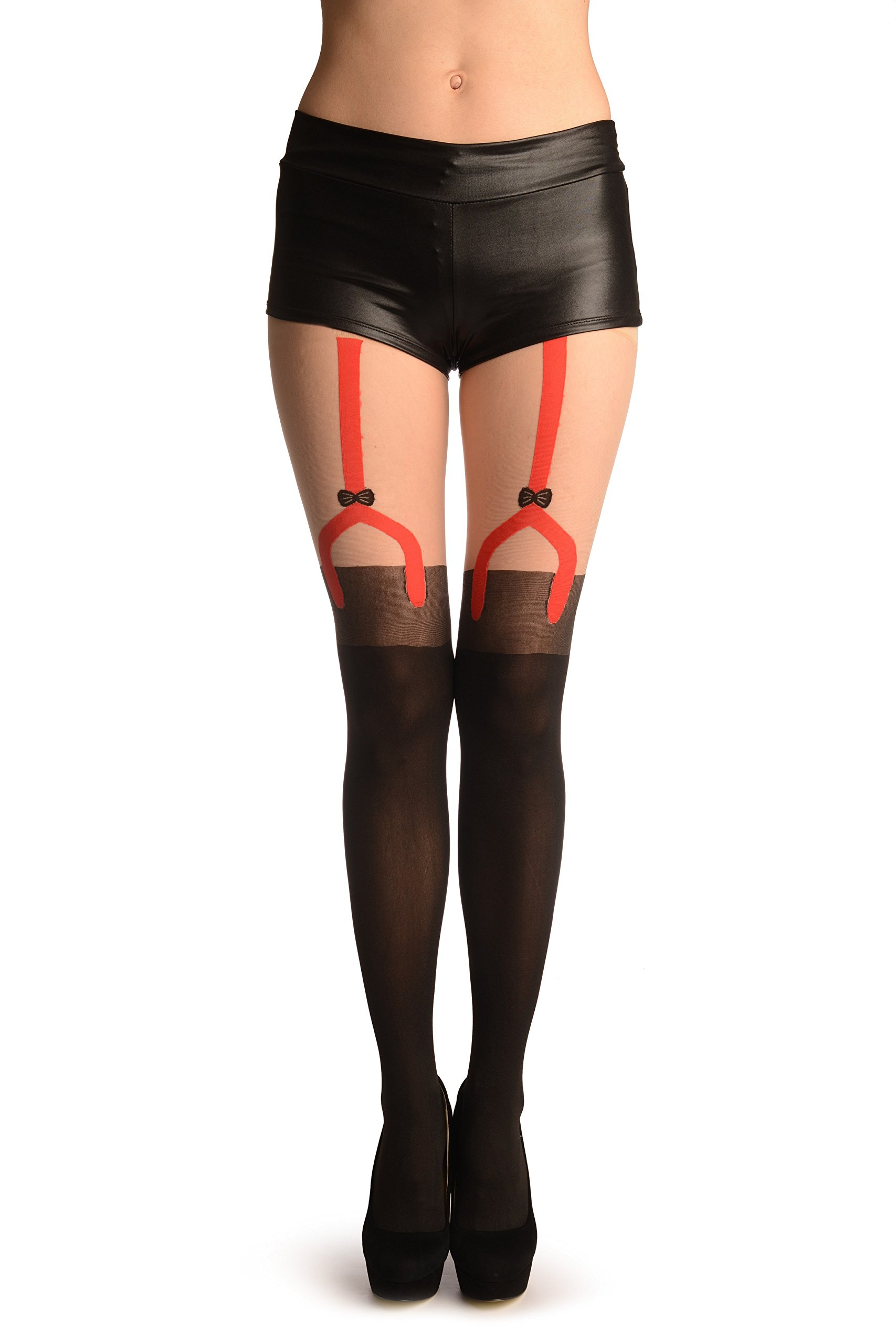 LissKiss Black Faux Stockings with Red Garter Belt - Sexy Pantyhose & Tights for Women | Perfect for Valentine's Day, Boudoir, and Special Occasions