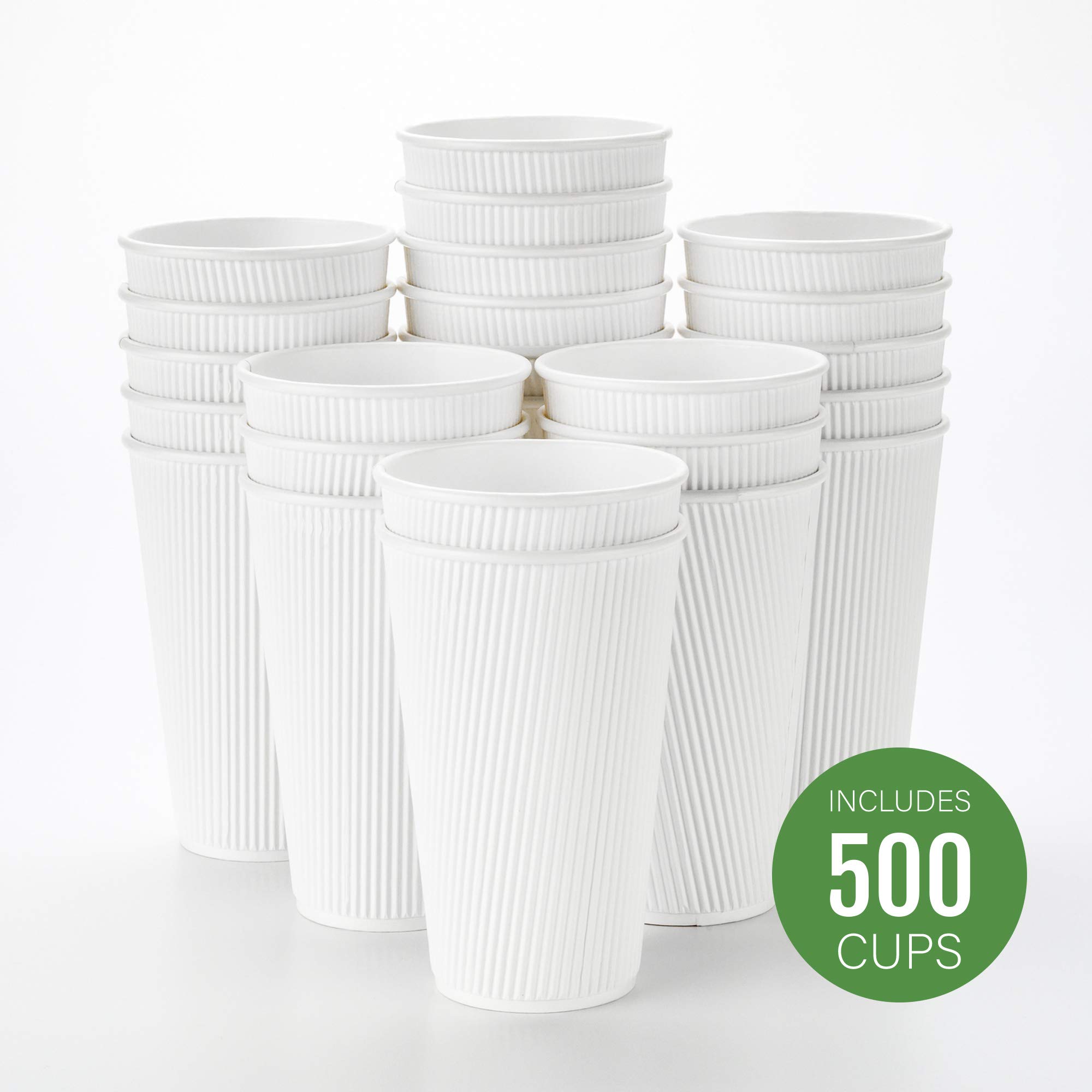 16oz Disposable Coffee Cups - 500 Pack White Insulated Paper Cups with Ripple Wall & Rolled Rim for Hot Coffee, Tea, Cocoa - Lids Sold Separately - Perfect for Restaurants, Cafes, Offices & Home Use