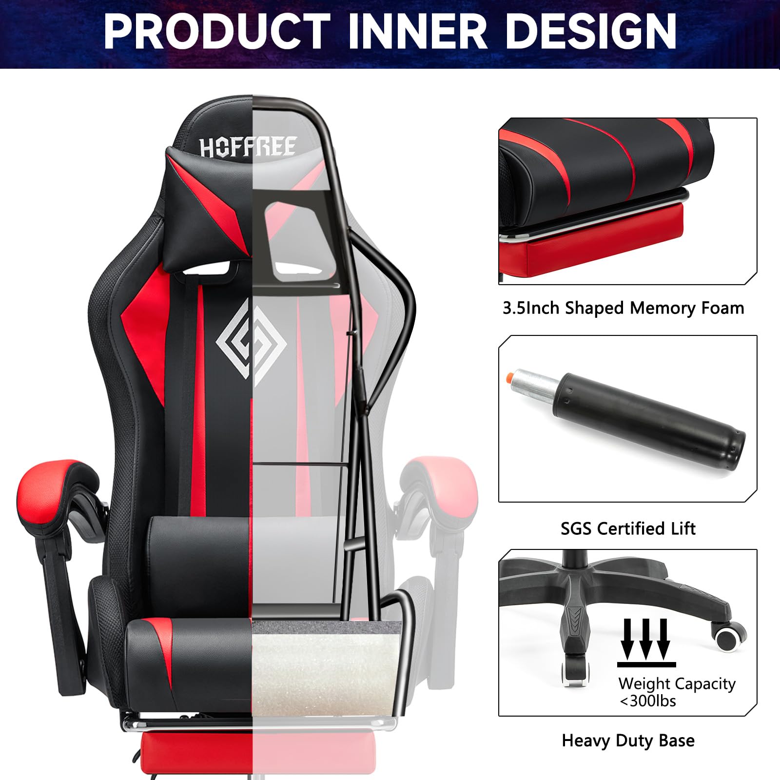 Ergonomic Gaming Chair with Massage, RGB LED Lights & Adjustable Footrest - High Back Computer Chair with Lumbar Support (Red/Black) for Esports, Streaming & Office Work