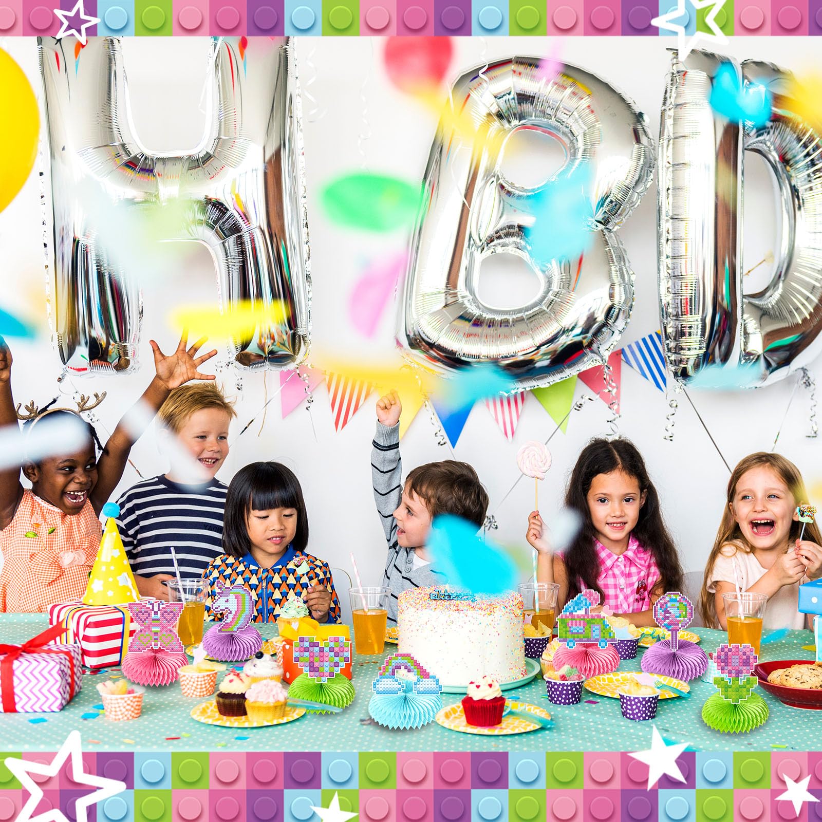 Colarr 9-Piece Pink Honeycomb Building Block Party Set - Girls Birthday Party Decorations, Table Centerpieces, Cake Topper - Perfect for Kids Brick-Themed Birthday Parties, Baby Showers & DIY Decor