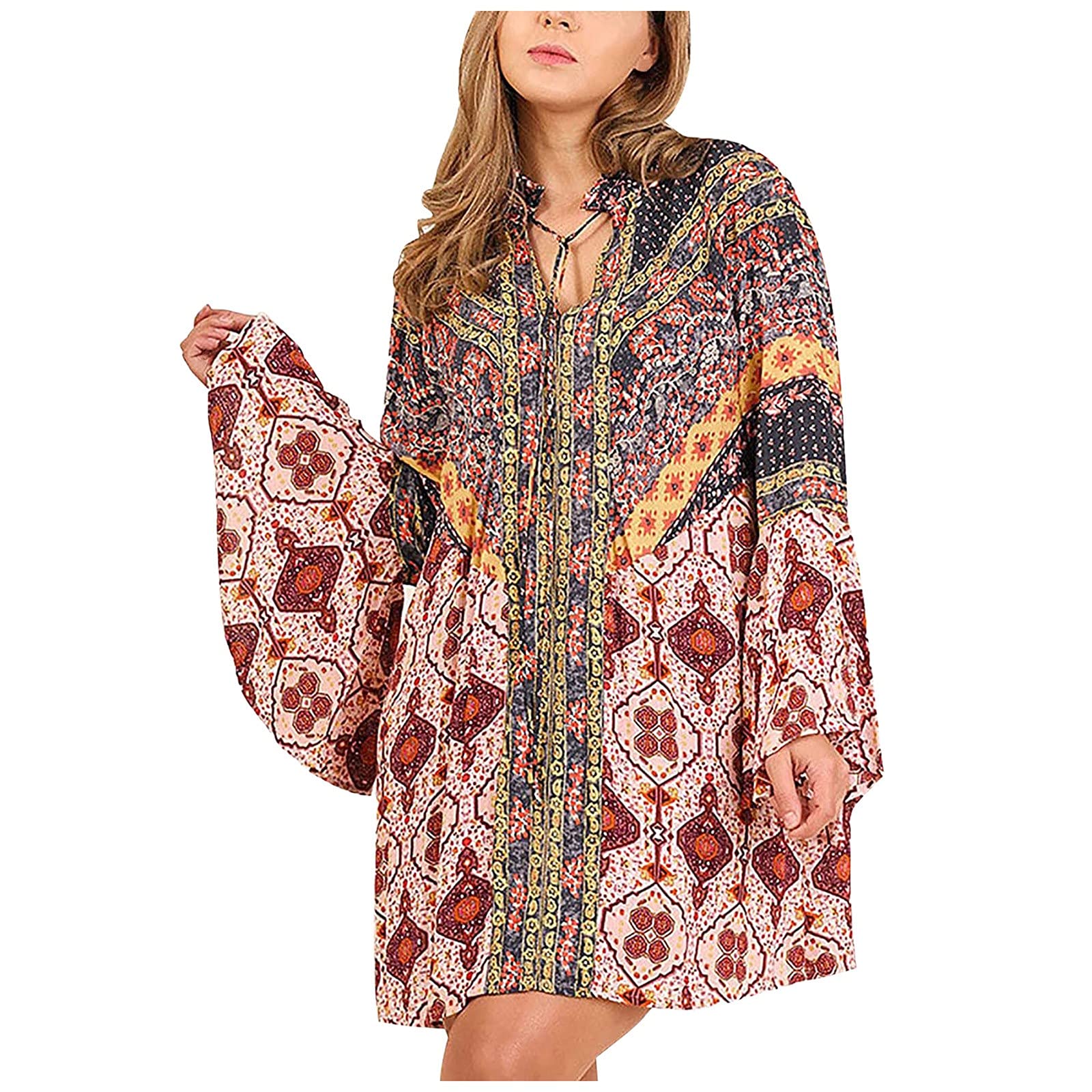 Boho Summer Dress for Women - Floral Print Trumpet Sleeve Shirt Dress | Beach Cover Up, Vacation Outfit, Casual Day Dress