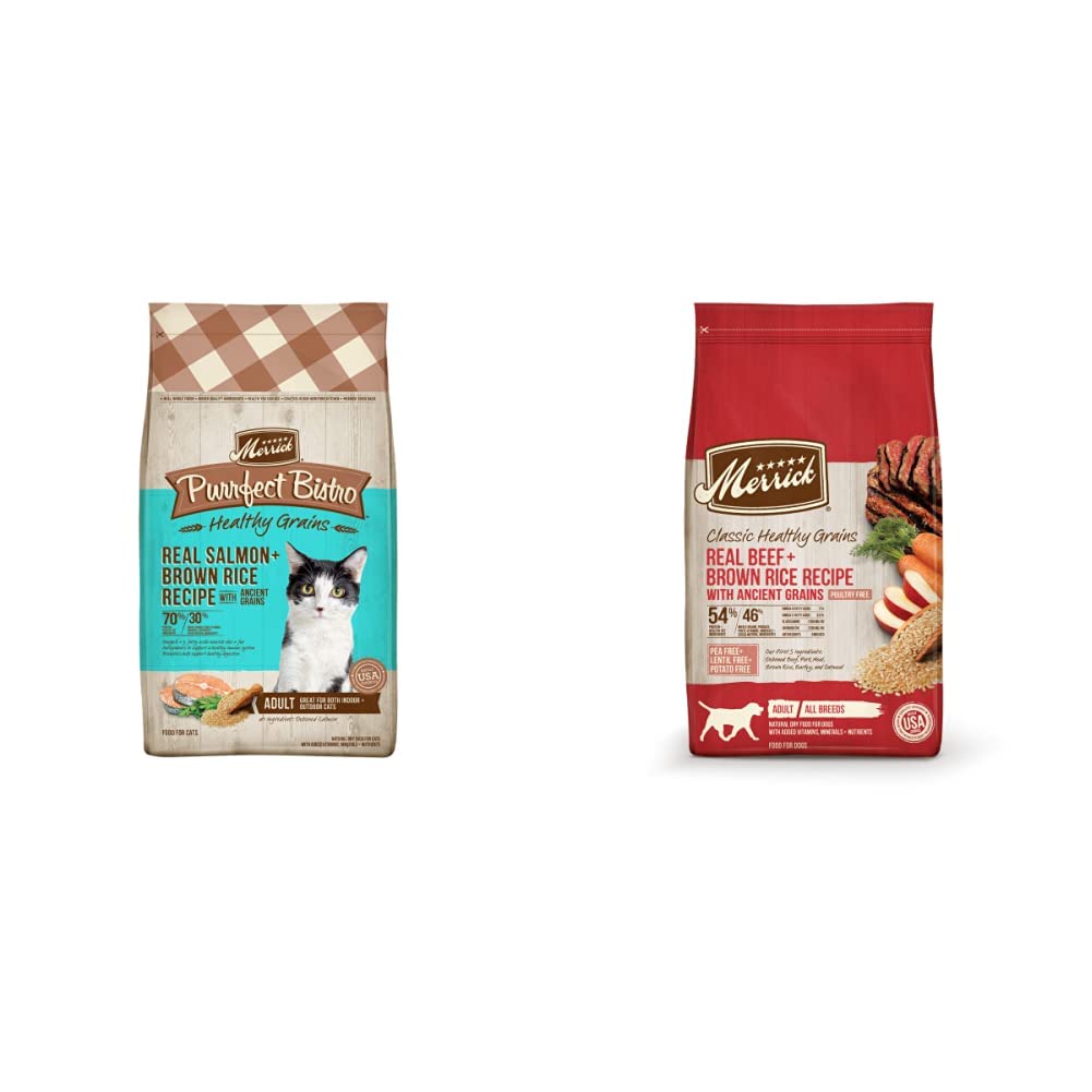 Merrick Ancient Grains Dry Dog Food & Cat Food Bundle - Grain-Free Salmon Recipe Cat Kibble & Beef Recipe Healthy Dog Food for Adult Pets | Perfect for Multi-Pet Households & Meal Prep