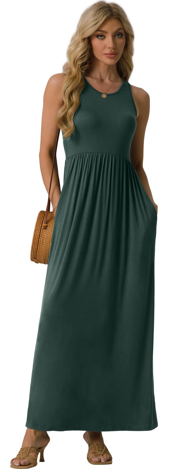 GRECERELLE Women's Floral Print Sleeveless Racerback Maxi Dress with Pockets - Summer Beach Wedding, Vacation & Casual Wear Long Dress