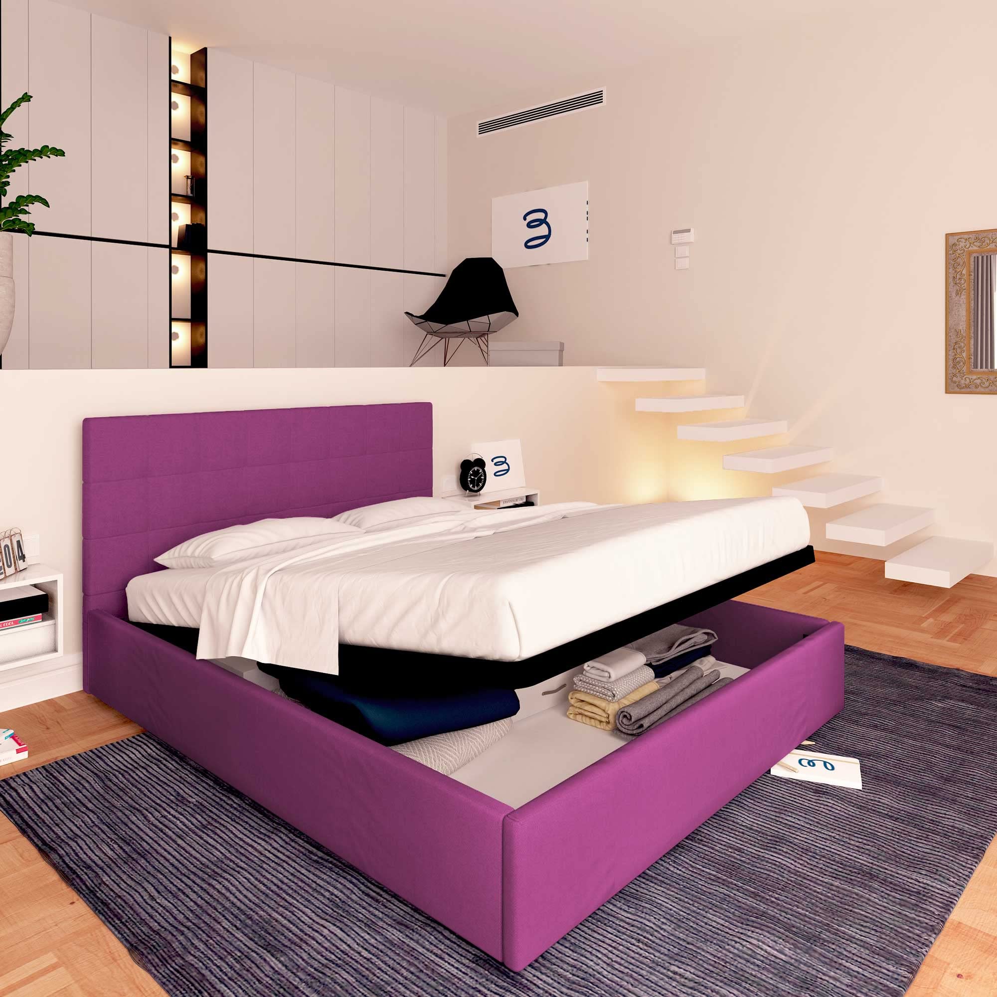 Baldiflex Square and Half Bed with Storage Container, Dublin Fabric Model, Slatted Base for Single Mattresses, 120 x 200 cm, Elegant Headboard in Fuchsia - Perfect for Small Bedrooms, Guest Rooms & Studio Apartments