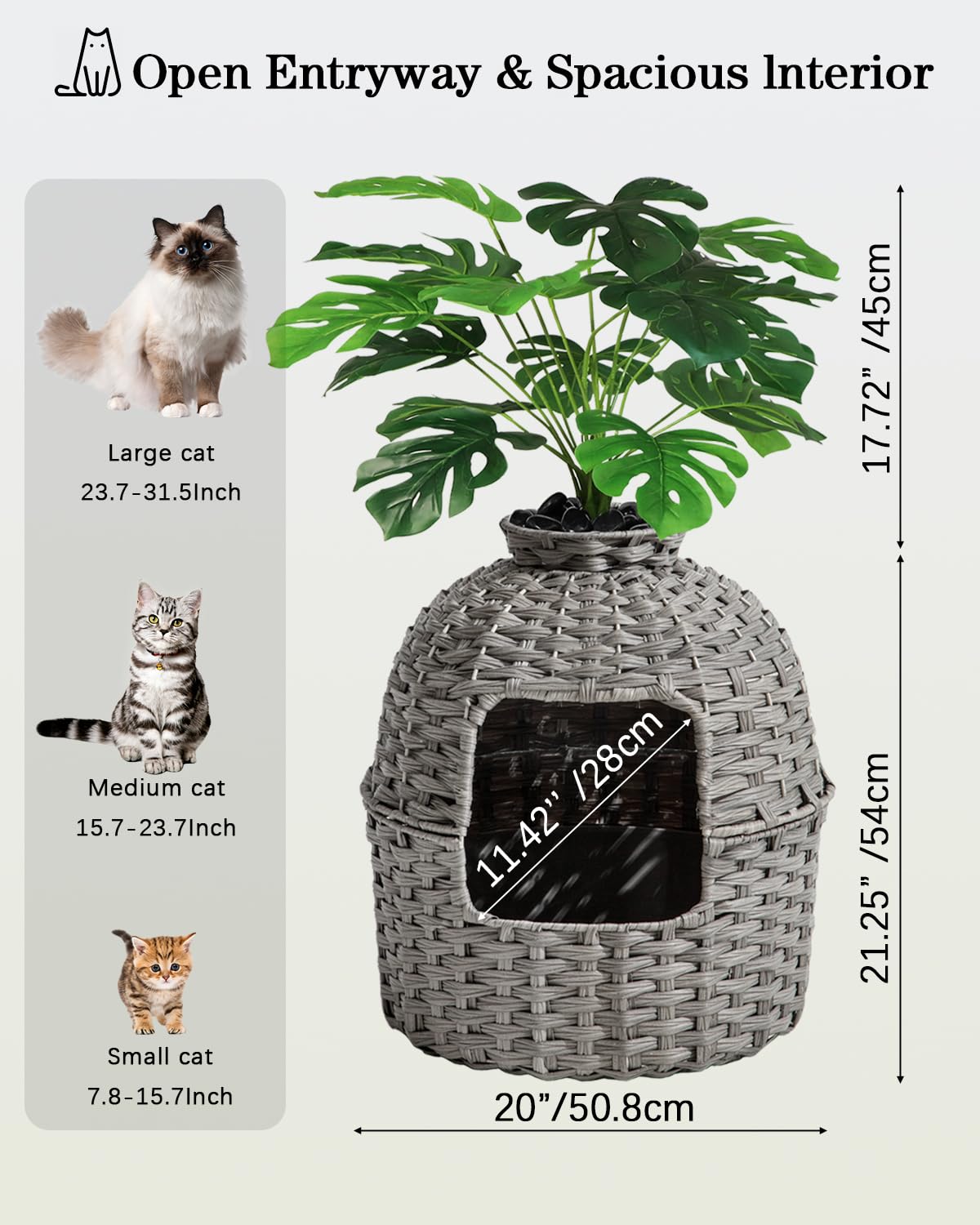 Hidden Cat Litter Box Enclosure with Artificial Plants - Handwoven Rattan Furniture Cover for Discreet Cat Toilet in Living Room | Stylish Home Decor for Pet Owners (Gray)