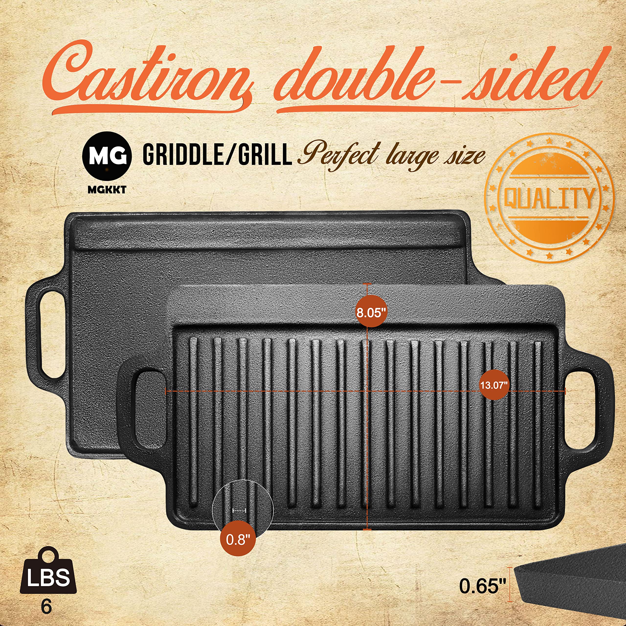 13 Inch Reversible Pre-Seasoned Cast Iron Griddle Plate - Double Sided Grill Pan for Gas Stove, Oven & Campfire - Perfect for Pancakes, Steaks & Outdoor Cooking