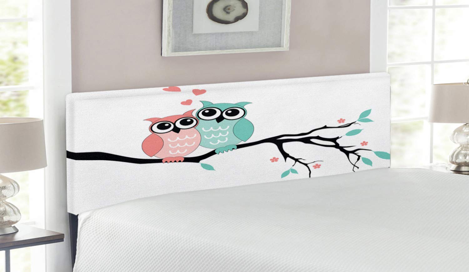 Ambesonne Upholstered Queen Size Headboard - Teal & White Owl Couple Design on Tree Branch, Decorative Metal Frame with Memory Foam (Valentine's Romance Theme) | Perfect for Master Bedroom, Guest Room & Romantic Home Decor