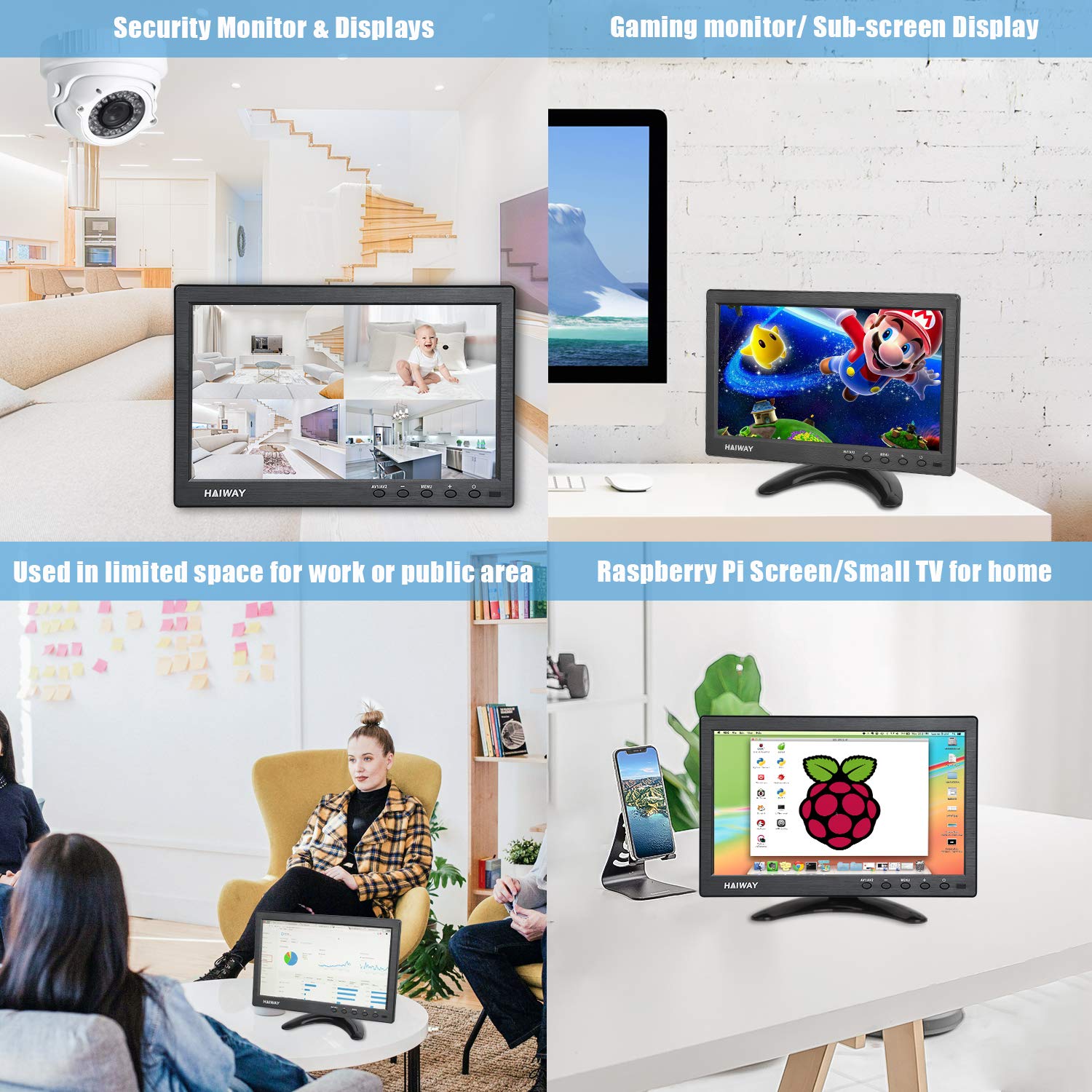 10.1 Inch HD Security Monitor - 1366x768 Resolution Portable HDMI Display with Remote, Dual Speakers, HDMI/VGA/BNC/USB Inputs for Gaming, CCTV, Raspberry Pi & PC - Perfect for Home Surveillance & Multi-Screen Setups