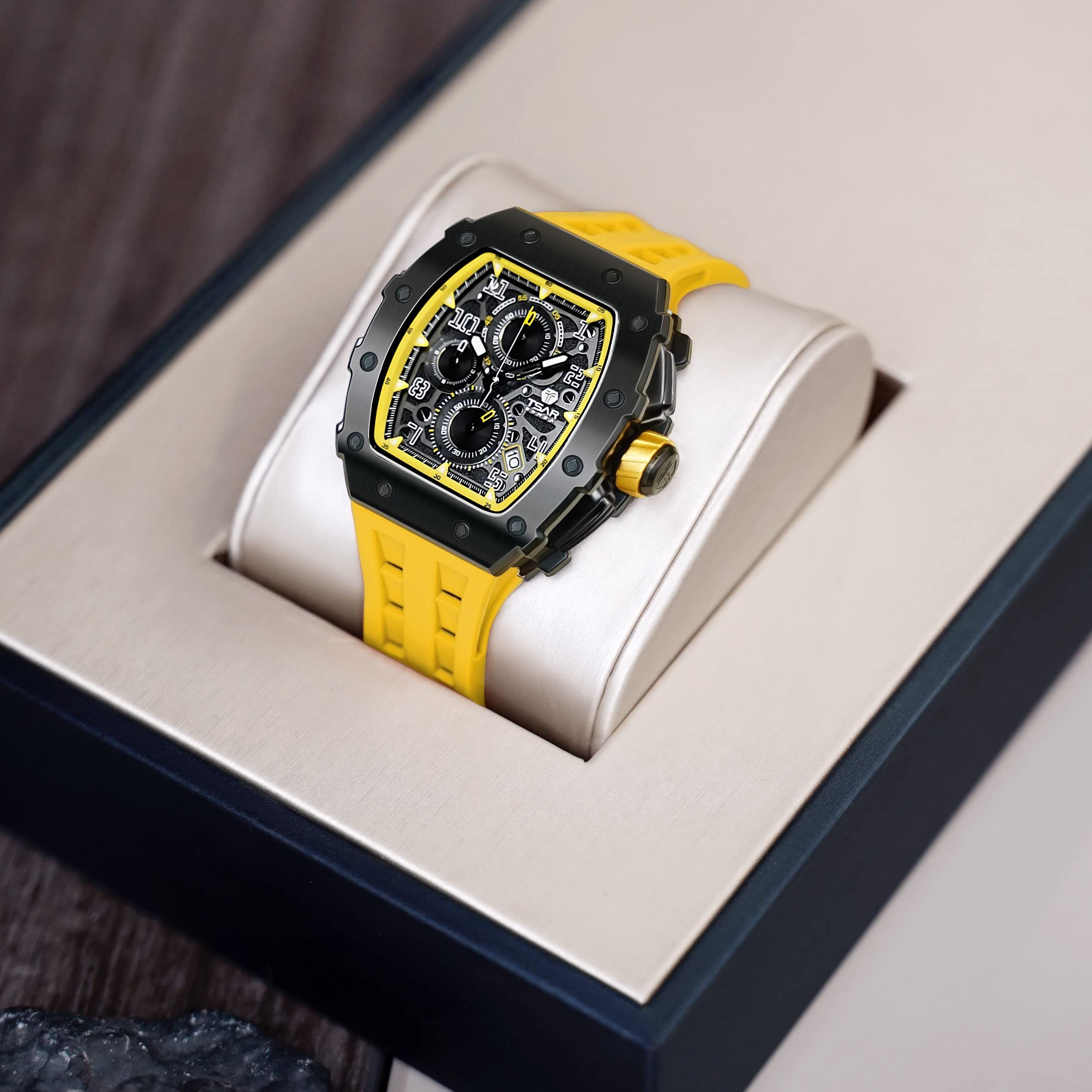 TSAR BOMBA Luxury Men's Watch - Tonneau Sapphire Crystal Japanese Quartz Chronograph with Luminous Hands, 50M Water Resistant Rubber Strap - Perfect for Business, Diving & Gift Giving
