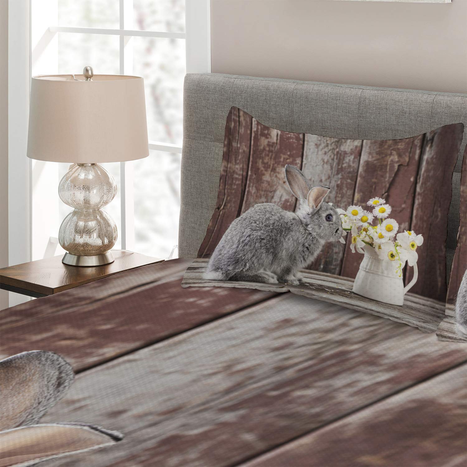Ambesonne Easter Bunny Quilt Set - Smoke Grey Rabbit with Daisies on Rustic Wood Background, 3-Piece King Size Bedspread with 2 Pillow Shams | Spring Home Decor, Easter Gift, Farmhouse Bedroom Style