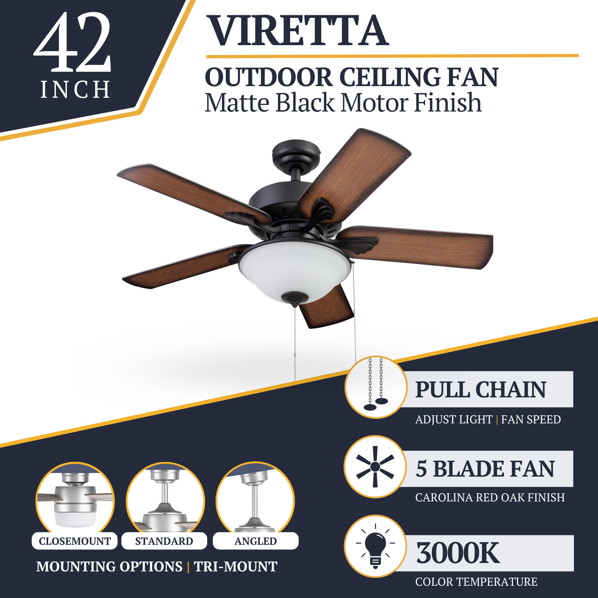 42 Inch Matte Black Viretta Ceiling Fan with Pull Chain - Indoor/Outdoor Use for Living Room, Bedroom, Patio & Covered Porch