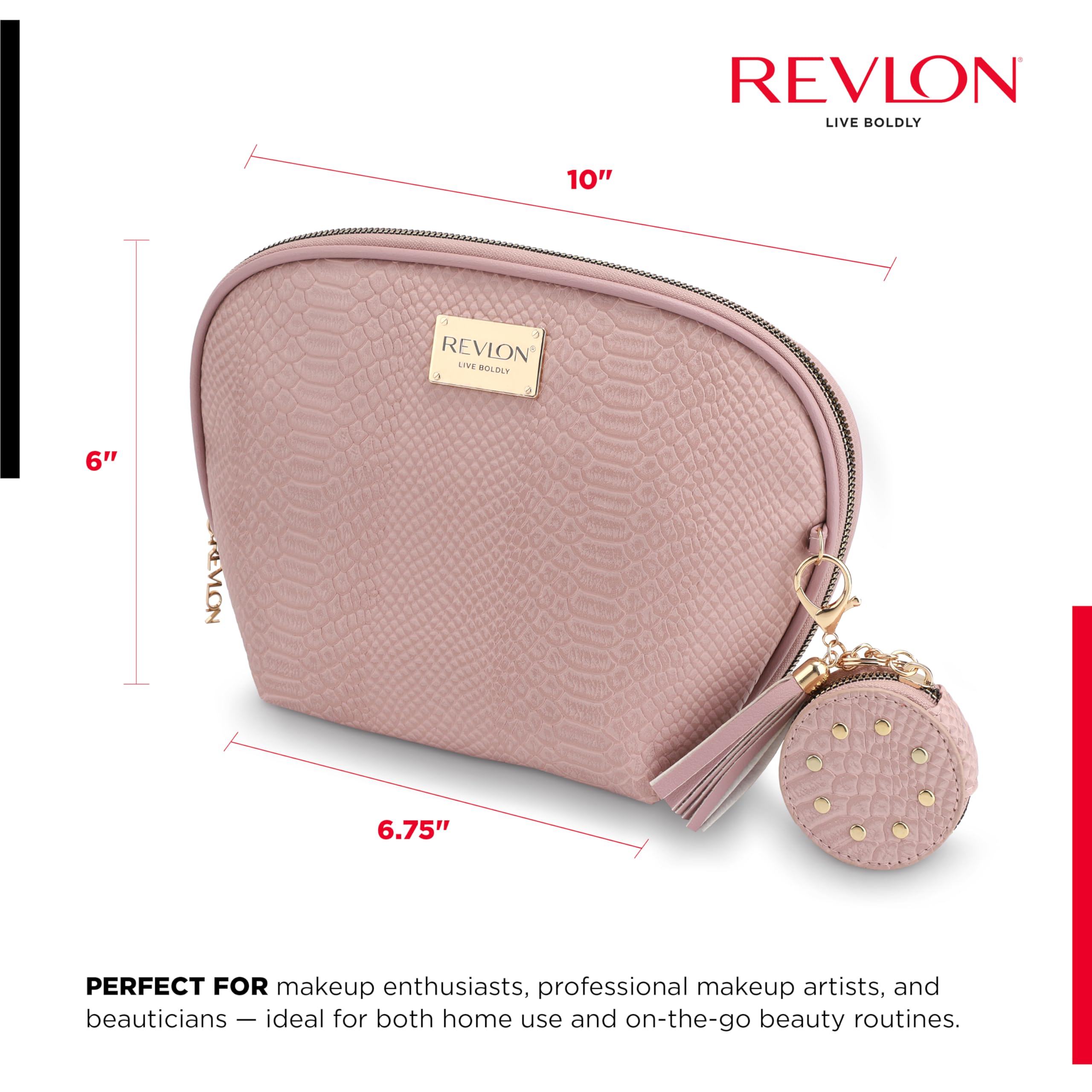 REVLON Croc Embossed Makeup Pouch - Small Travel Cosmetic Bag with Tassel & Mirror Keychain, Mini Makeup Organizer with Pockets - Perfect for Women's Toiletries, Travel Essentials & Teen Girls' Gifts (Rose) | Great for Daily Use, Vacation Trips & Birthday Presents
