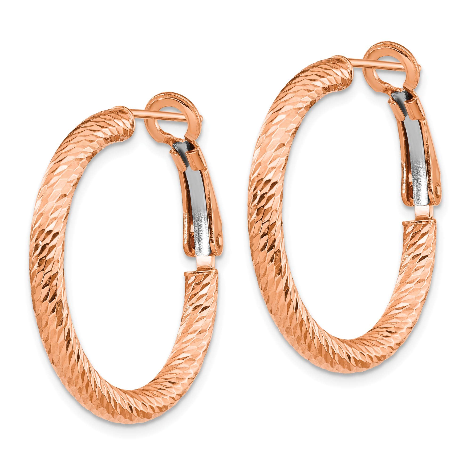 10K Rose Gold Round Omega Back Hoop Earrings - 3x20mm D/C Diamond Cut - Elegant Everyday Jewelry for Women, Perfect for Work, Date Night & Special Occasions