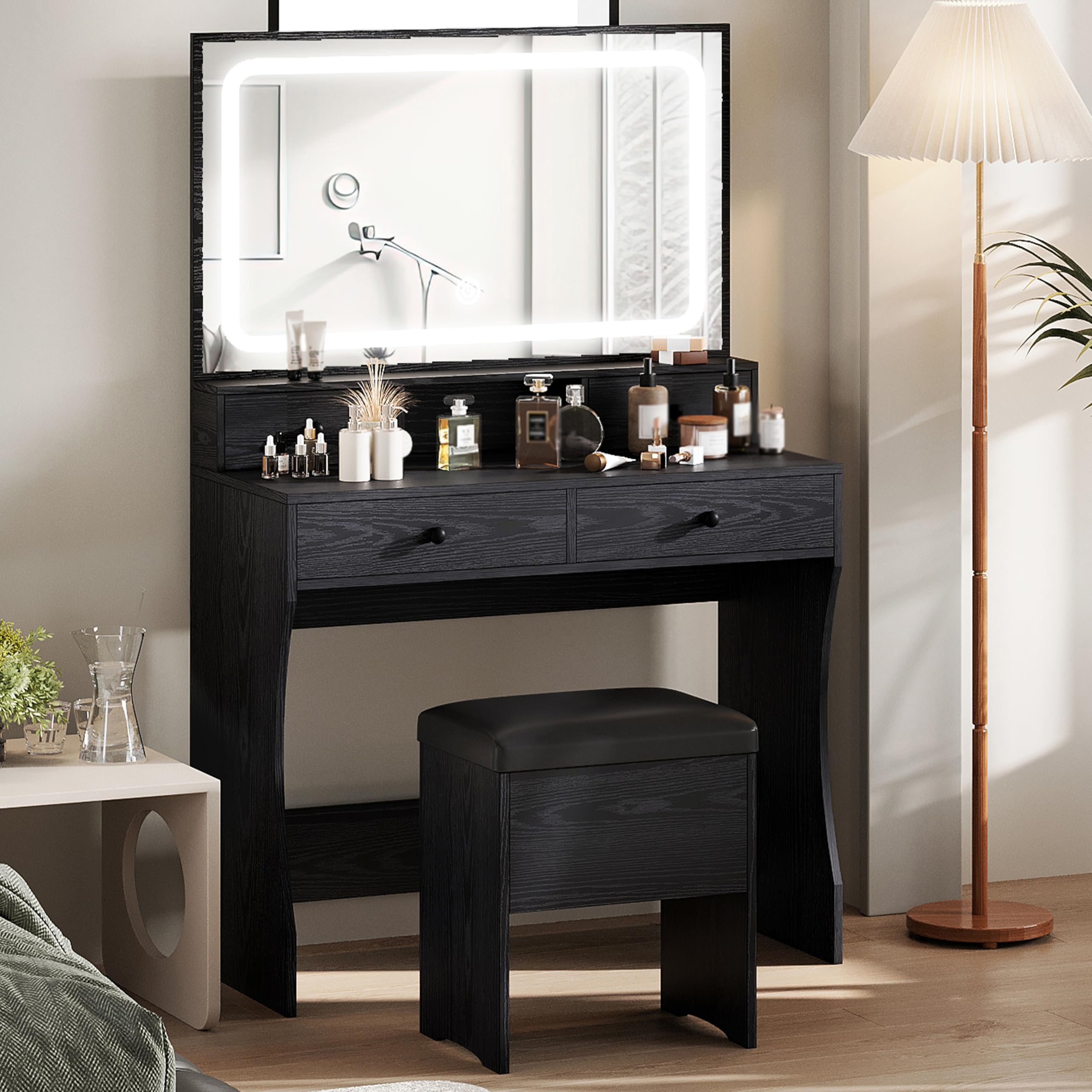 IRONCK LED Vanity Desk Set with Lighted Mirror & Power Outlet, Makeup Dressing Table with 4 Drawers & Storage Bench - Black Bedroom & Bathroom Vanity for Women's Beauty Routine, Makeup Organization & Home Decor