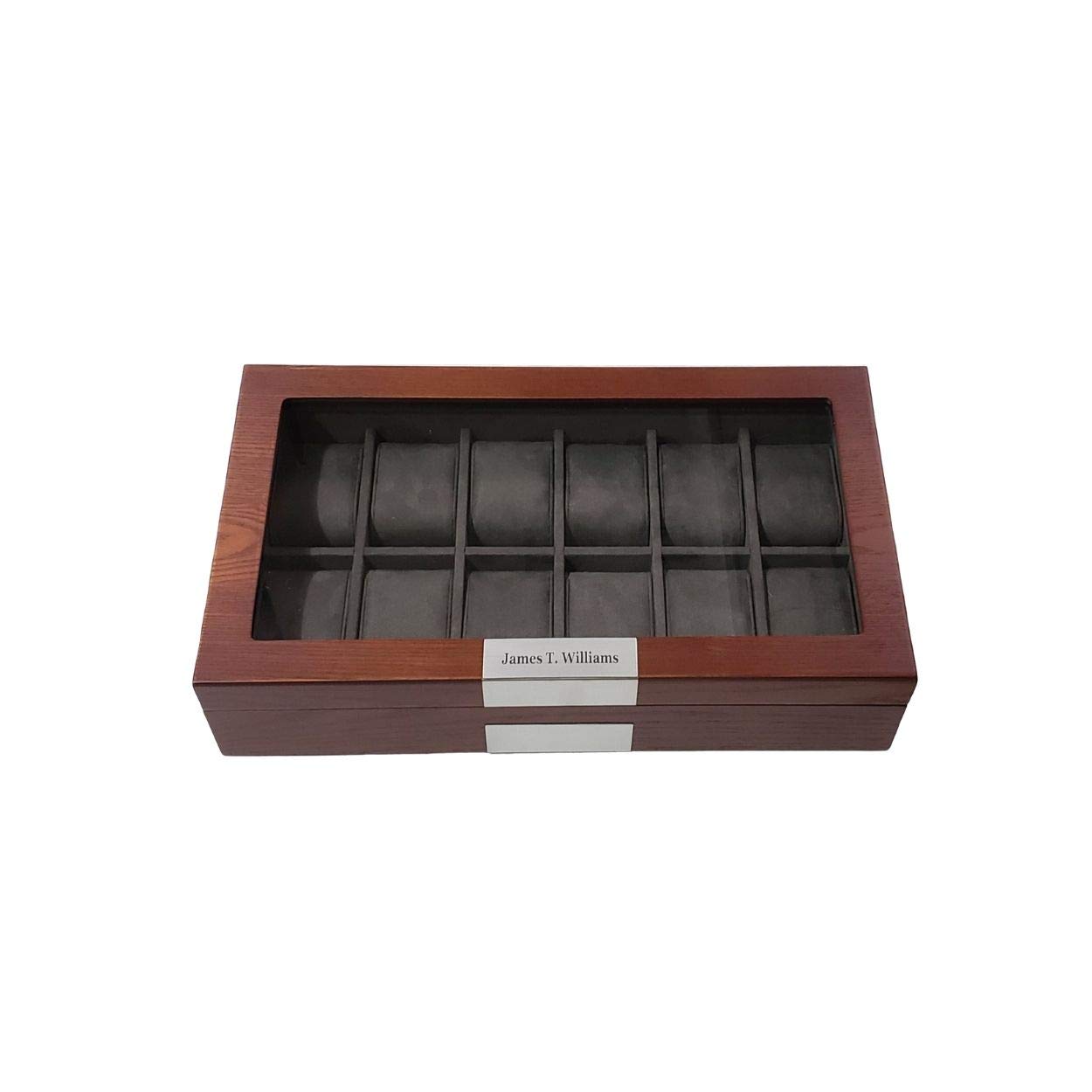 Personalized 12-Slot Cherry Wood Watch Box with Glass Top - Luxury Watch Display Case & Jewelry Organizer with Stainless Steel Accents & Oversized Deluxe Pillows - Perfect for Watch Collectors, Gift Giving & Home Décor