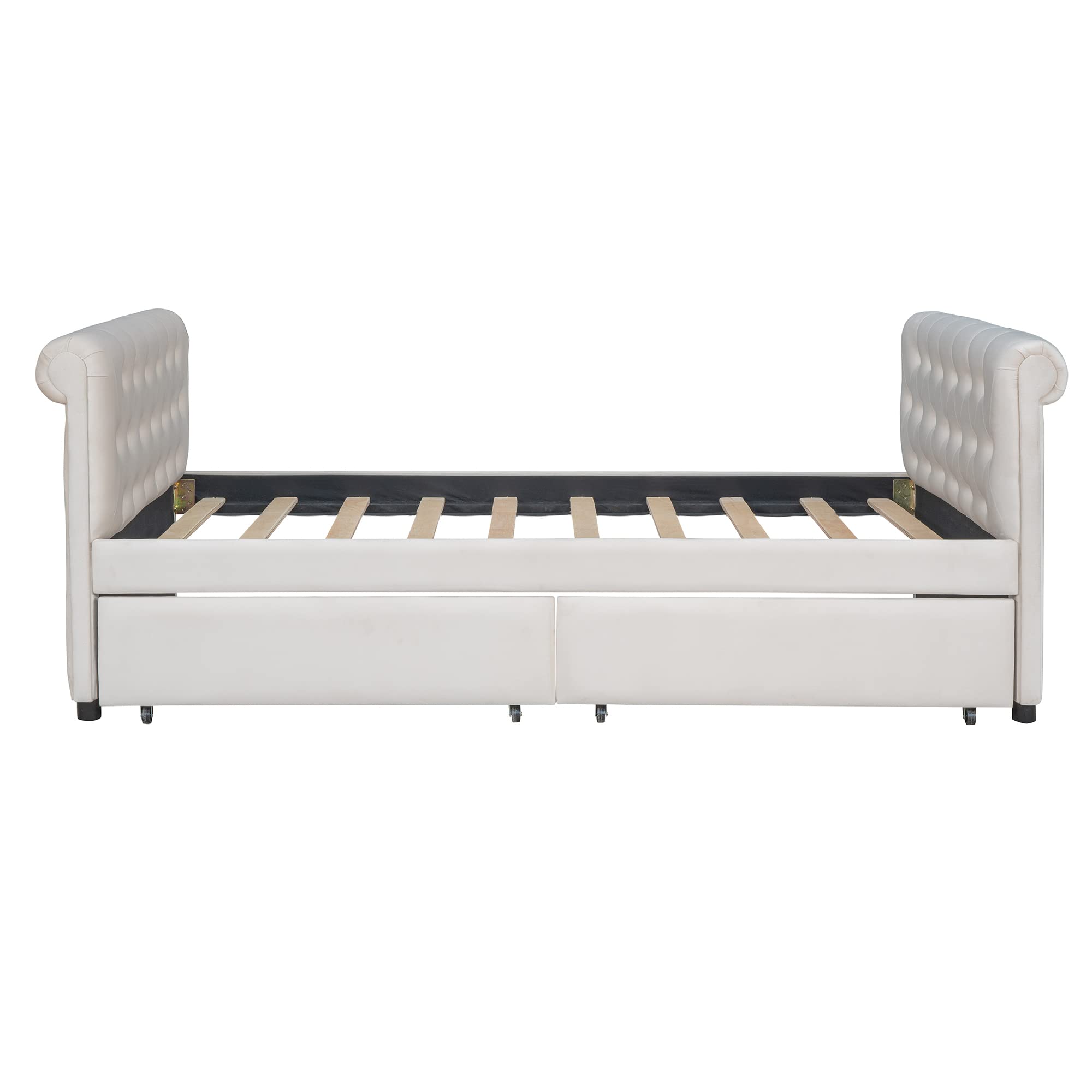Twin Size Upholstered Daybed with 2 Storage Drawers & Tufted Sofa Bed - Wood Frame Beige for Guest Room, Small Space & Multi-Functional Furniture
