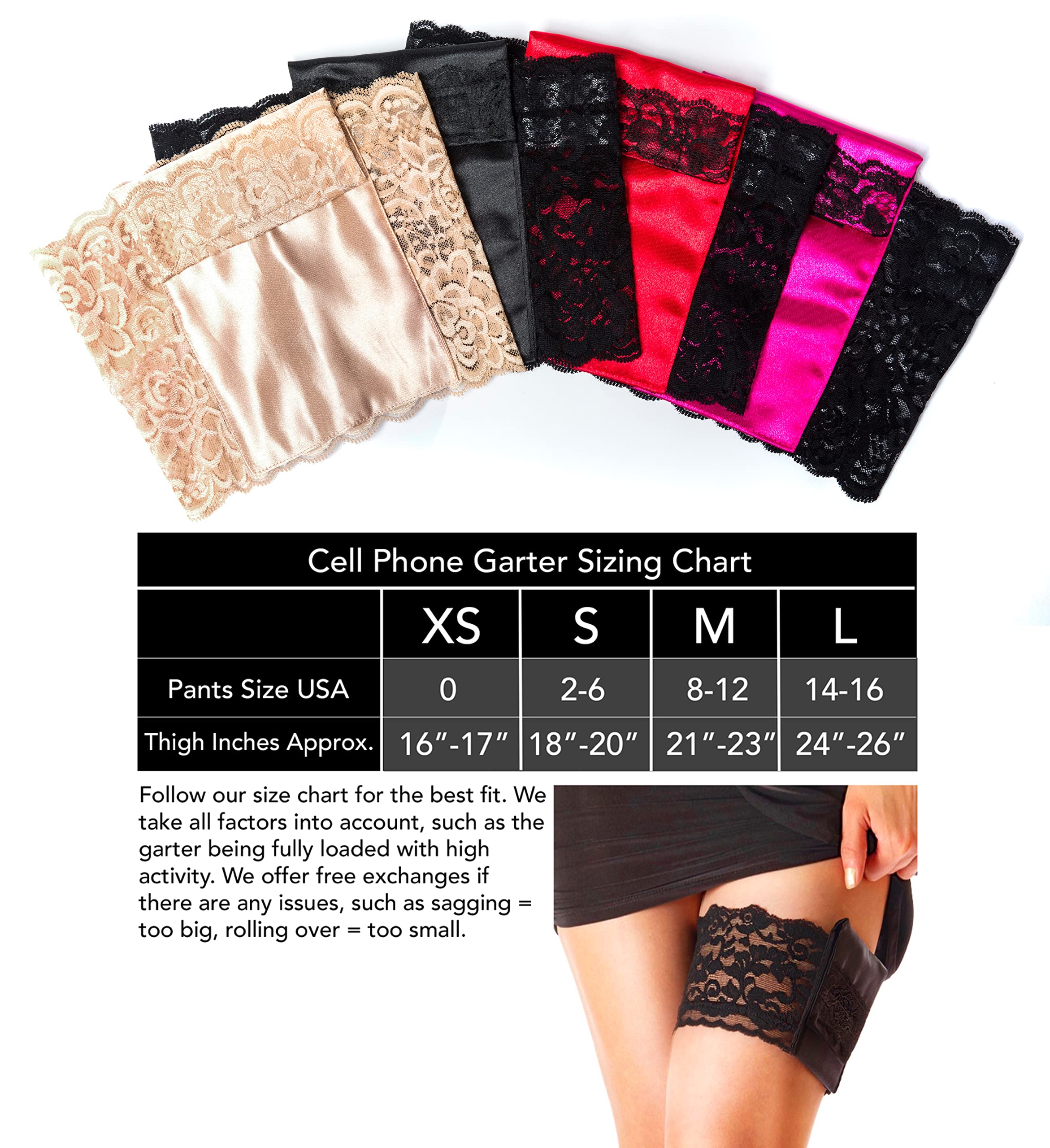 Stashbandz 2-Pack Security Pockets - Lace Thigh Garter with Stay-Put Grippers for Phone & Essentials - Wedding, Travel & Everyday Use - Fits All Phone Sizes