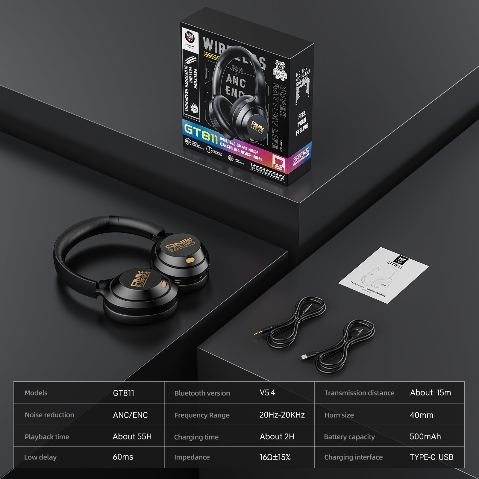 ONIKUMA GT811 Wireless Gaming Headset with Noise Cancelling Mic, Bluetooth 5.0 & 3.5mm Wired Connection, Lightweight Over-Ear Headphones for PC, PS5, Xbox, Mobile Gaming - Perfect for Esports & Online Meetings