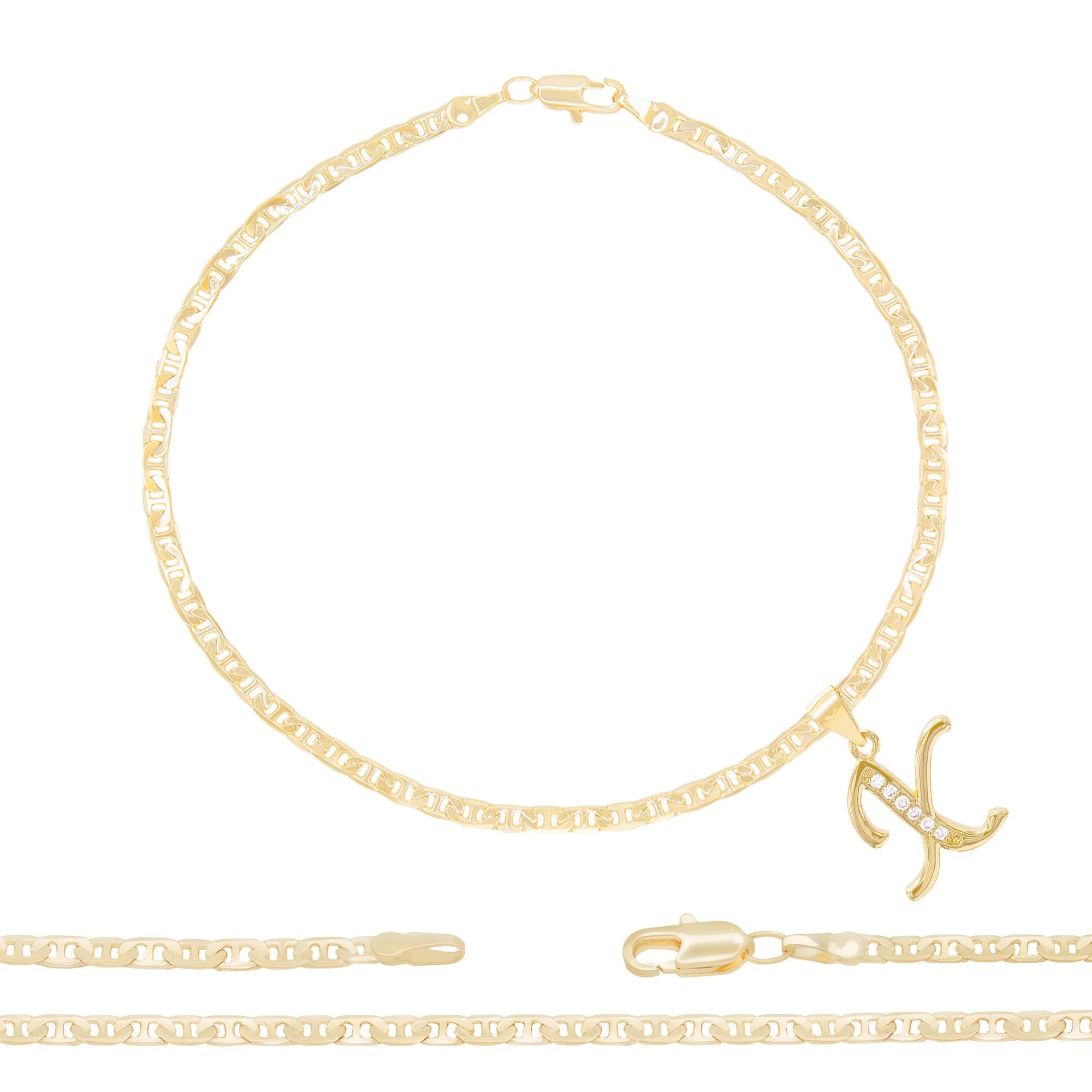 BEBERLINI 14K Gold Filled Letter CZ Charm Initial Anklet for Women - Elegant Mariner Chain Ankle Bracelet Jewelry - Perfect for Everyday Wear, Gifts & Special Occasions