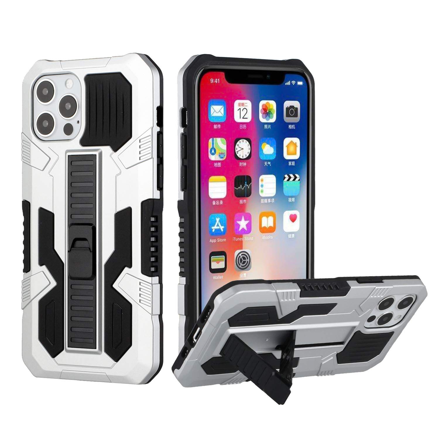 Shockproof Hybrid Case with Kickstand for iPhone 13 Pro - Silver | Durable Protection for Work, Travel & Outdoor Activities