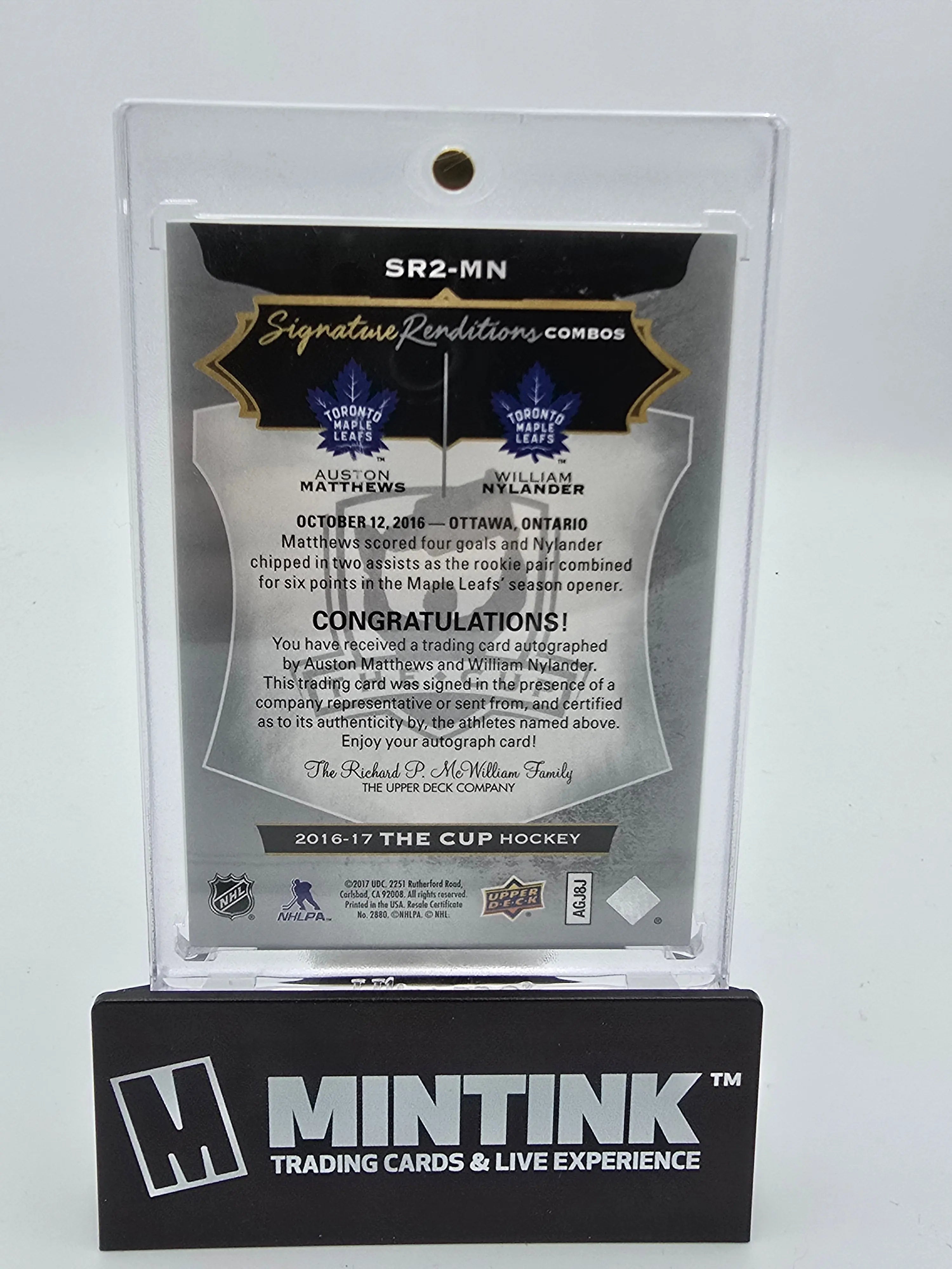 2016-17 Upper Deck The Cup Hockey Auston Matthews & William Nylander Signature Rendition Combos #SPR MN - Rare NHL Collectible for Hockey Fans & Card Collectors - Perfect for Display, Trading, and Investment