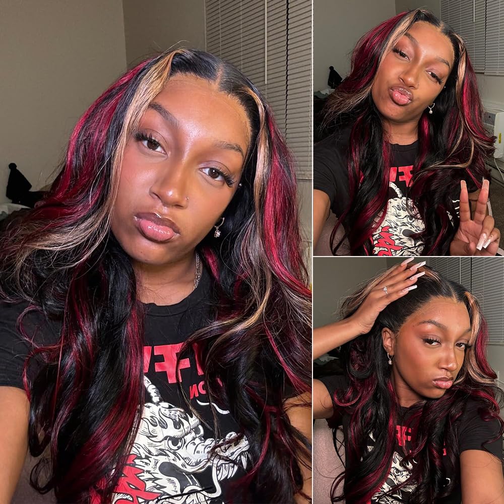 Black Red Blonde Highlight Human Hair Wig - Skunk Stripe Body Wave Lace Front Balayage Wig | Pre-Plucked 180% Density | 13x4 Transparent Lace Frontal | 26 Inch Colored Wig for Cosplay, Halloween & Fashion Styling
