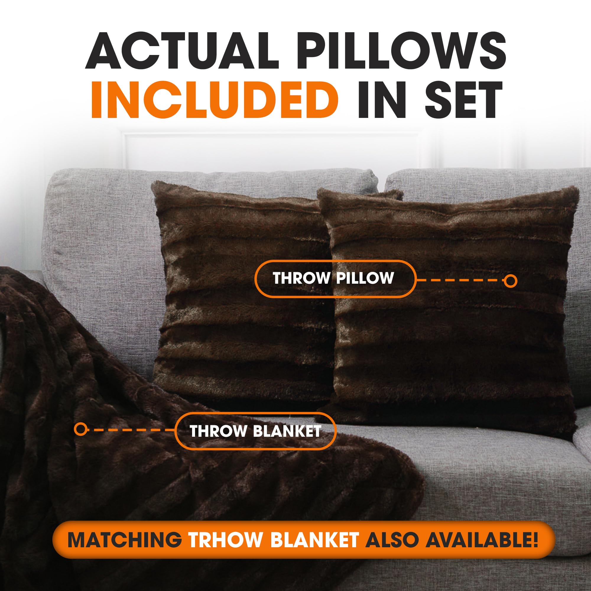 Cheer Collection Faux Fur Throw Pillows Set of 2 - 26x26 Inch Soft Decorative Couch & Bed Pillows, Chocolate Accent Pillows for Cozy Bedroom or Living Room Aesthetic - Perfect for Home Decor, Sofa Styling & Gift Giving