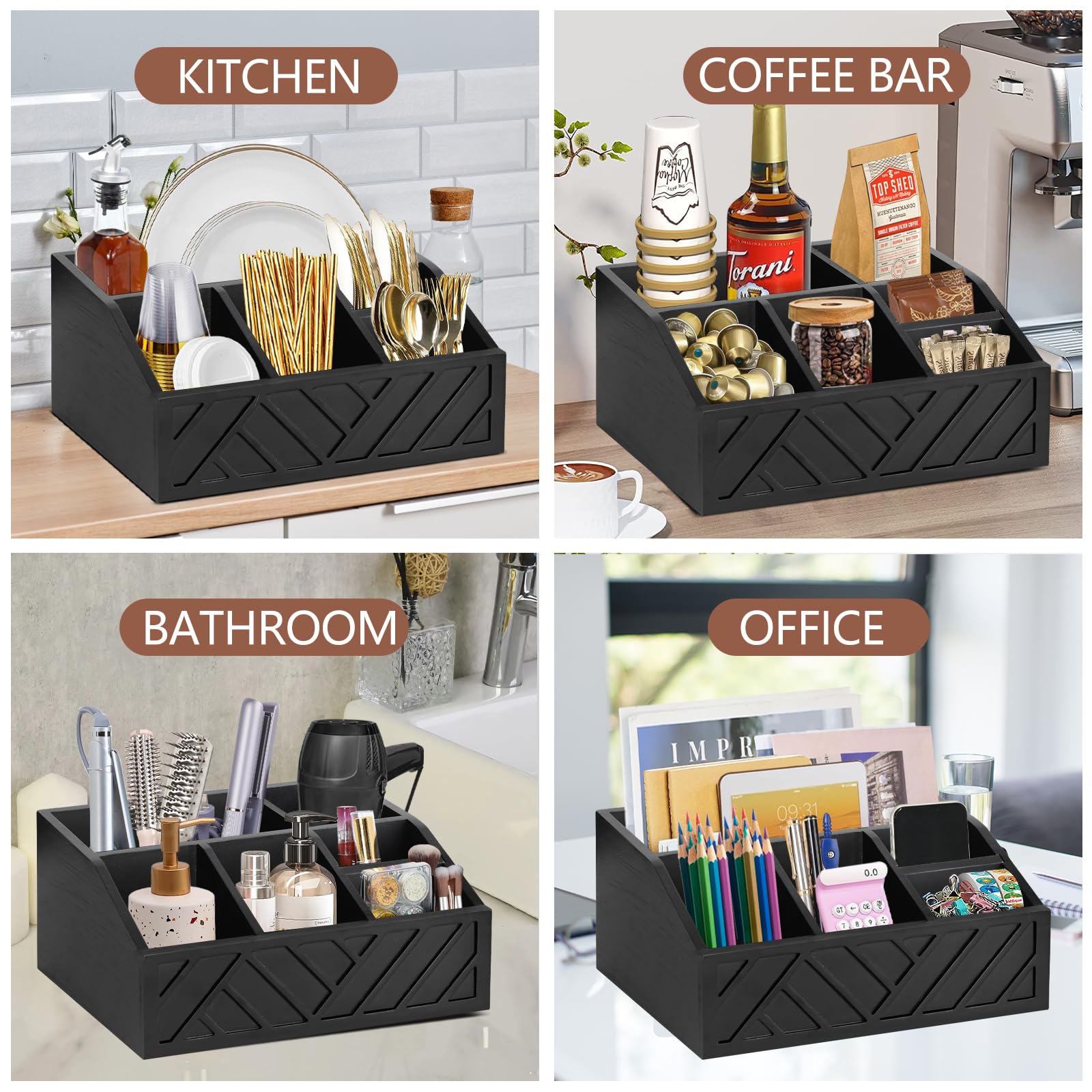 Wooden Coffee Pod Holder & Organizer Set - Coffee Bar Accessories for Keurig K-Cups & Syrups - Black - Perfect for Home Kitchen, Office Breakroom & Coffee Station Decor