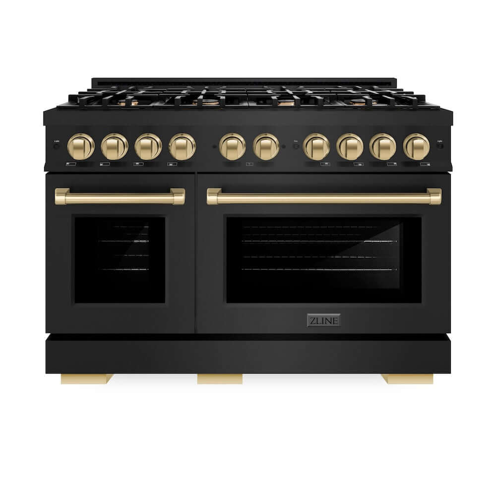 ZLINE Autograph Edition 48-Inch 6.7 cu. ft. Professional Double Oven Gas Range with 8-Burner Cooktop - Black Stainless Steel & Champagne Bronze Accents (HGRBZ 48 CB) for Home Chefs & Modern Kitchens