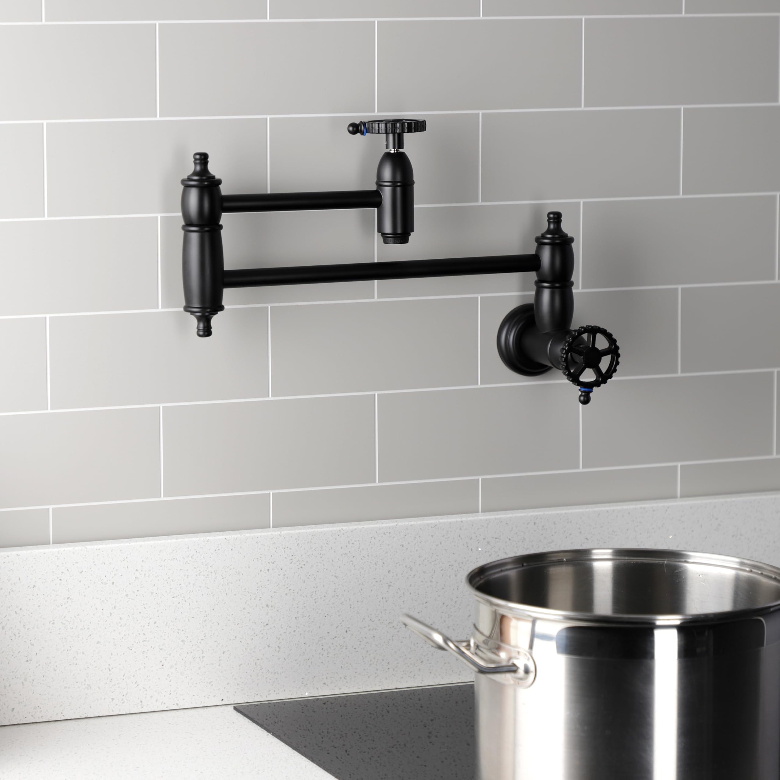 Kingston Brass KS3100CG Matte Black Wall Mount Pot Filler Faucet - High Arc Kitchen Sink Faucet for Easy Pot Filling & Cooking