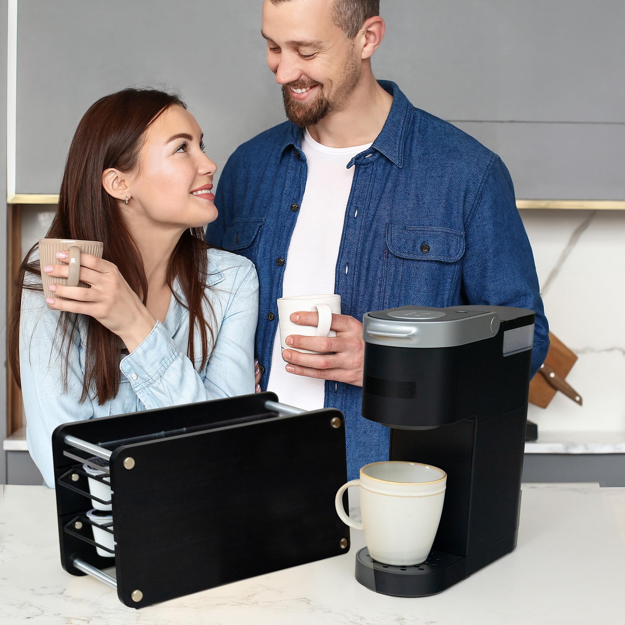 Ibyx 2-Tier Coffee Pod Holder for Keurig K Cups - 20 K Cup Storage Organizer with Sliding Drawer - Clear Plexiglass Top & Metallic Rack - Space Saving Kitchen Counter Organizer (Black) - Perfect for Coffee Stations & Small Kitchens