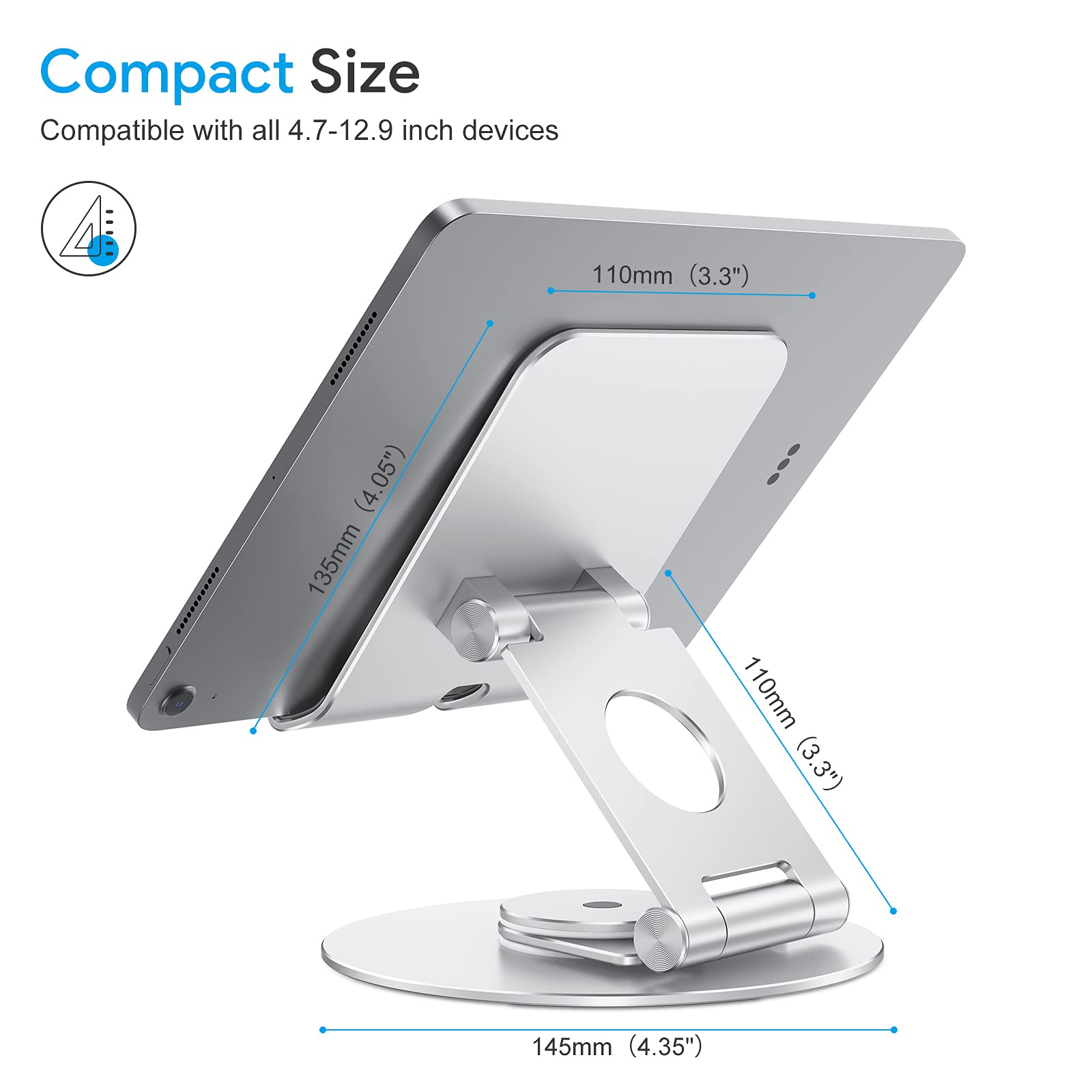 OMOTON 360° Rotating Swivel Tablet Stand - Adjustable & Foldable iPad Holder for iPad Pro/Air/Mini, Drawing, Watching Videos & Reading - Silver (Ideal for Home, Office & Travel Use)