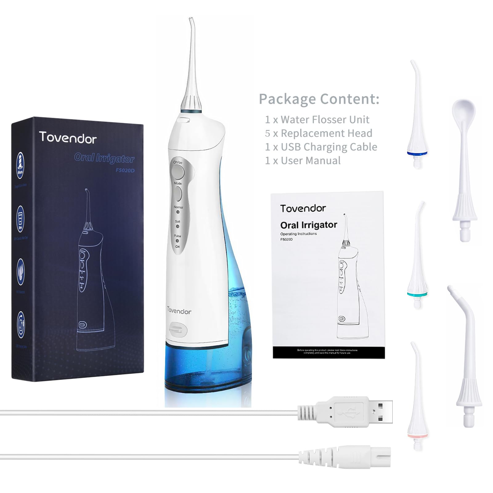 TOVENDOR Cordless Rechargeable Water Flosser - 300ML IPX7 Waterproof Dental Oral Irrigator with 5 Nozzle Tips for Braces, Teeth & Gum Care - Portable Teeth Cleaner for Travel, Home & Office Use - Perfect for Daily Oral Hygiene & Fresh Breath Maintenance