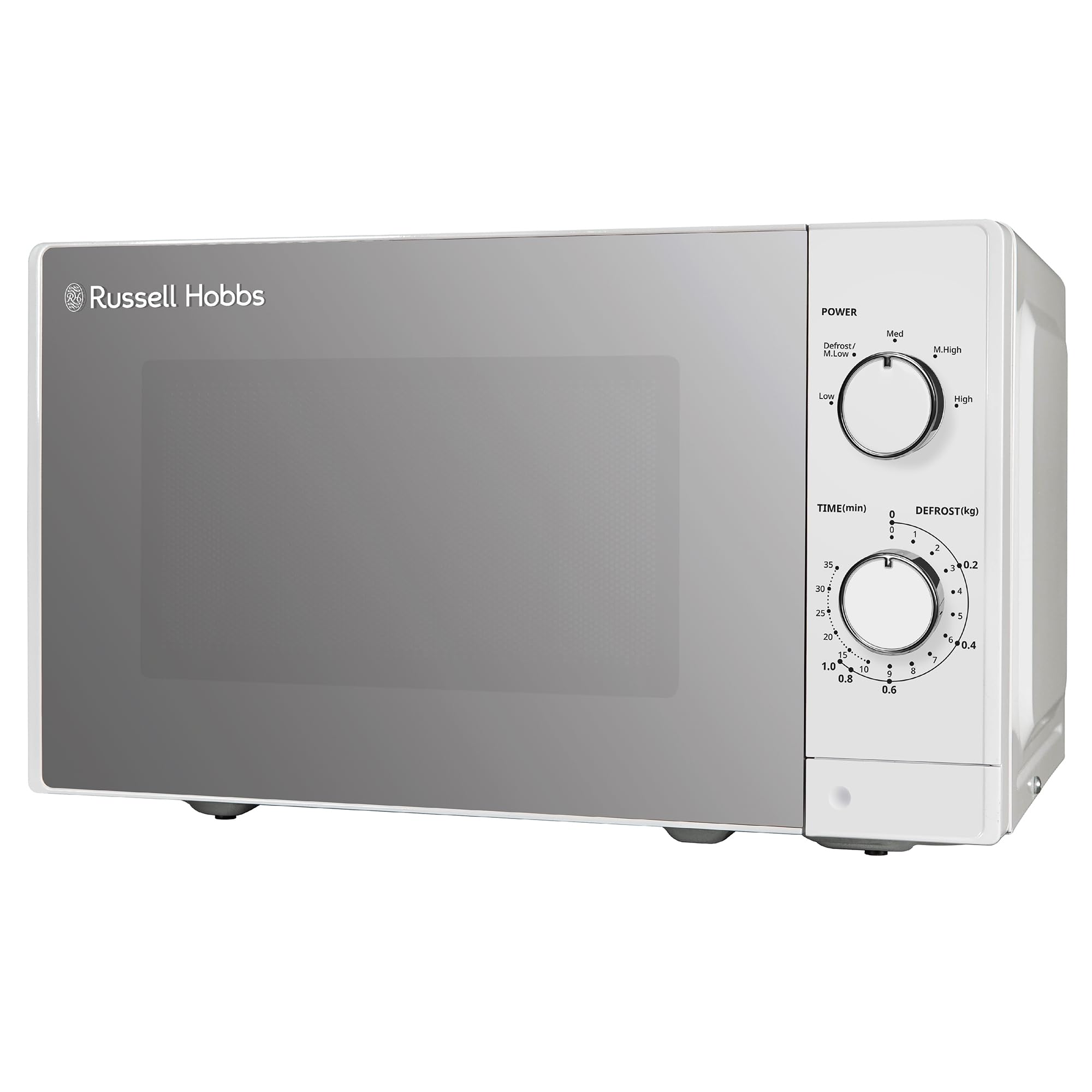 Russell Hobbs 20L 800W White Manual Microwave Oven - 5 Power Levels, Timer & Defrost Function, Easy Clean RHM2027 - Perfect for Small Kitchens, Dorms & Office Break Rooms