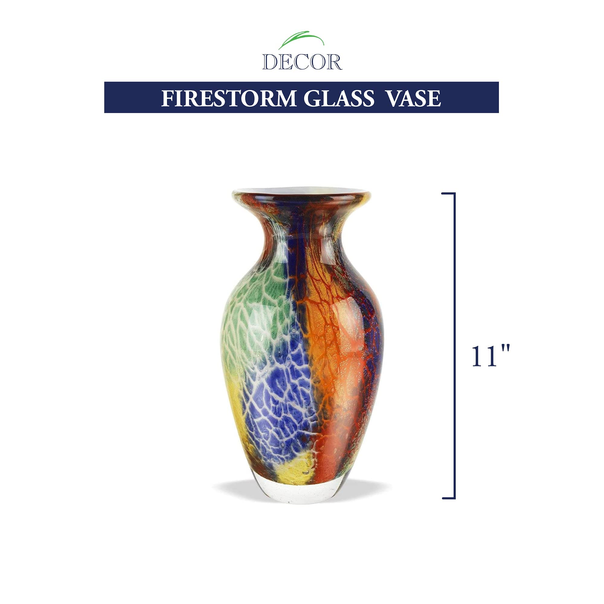 Badash Firestorm Murano-Style Glass Vase - 11 Inch Tall Handcrafted Mouth-Blown Art Glass Vase for Home Decor - Elegant Centerpiece for Living Room, Dining Table & Wedding Decorations