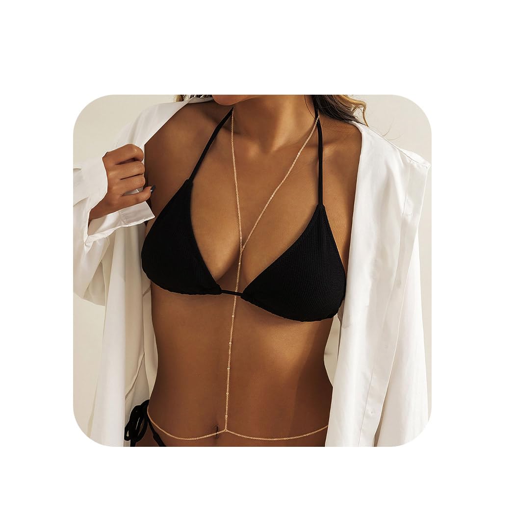 Bounzhi Gold Sexy Body Chain - Crossover Thin Bra Bikini Waist Belly Jewelry for Women | B-100 | Perfect for Beach Parties, Music Festivals & Boudoir Photography