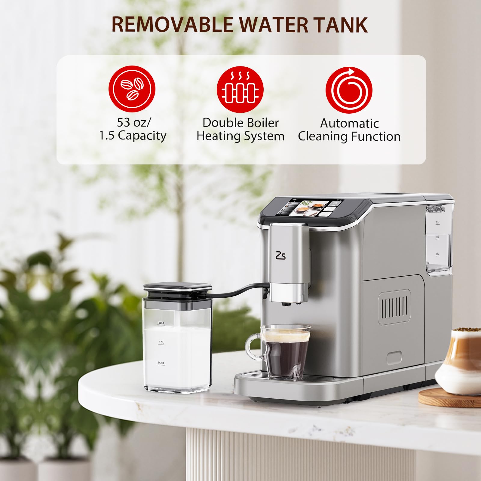 Fully Automatic Espresso Machine with Built-in Grinder & Milk Frother - 20 Bar Pressure, Touch Screen, 7 Coffee Options, One-Touch Brewing for Espresso & Latte - Perfect for Home, Office & Coffee Shop Use (Silver)