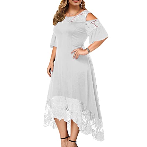 Plus Size Summer Maxi Dress for Women - Elegant Lace Cold Shoulder Wedding Guest Dress with Asymmetrical Hem & Ombre Design | Perfect for Beach Weddings, Garden Parties & Special Occasions