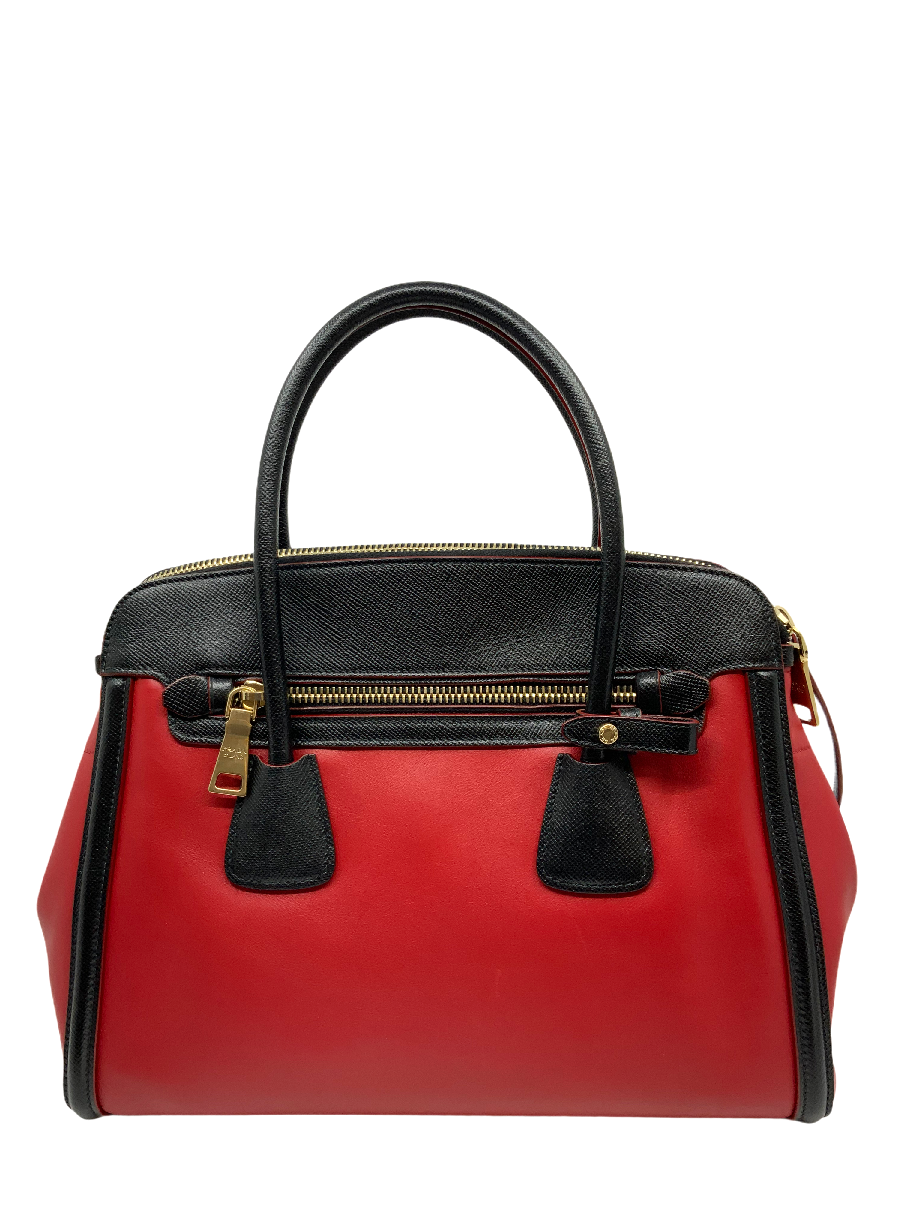 Prada Bi-Color Leather Front Zip Tote Bag with Adjustable Shoulder Strap - Luxury Designer Handbag for Women, Perfect for Work, Travel & Everyday Use