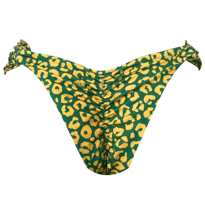 Brazilian Classic Side Scrunch Bikini Bottom - Yellow & Green Jaguar Print for Beach, Pool & Summer Vacations
