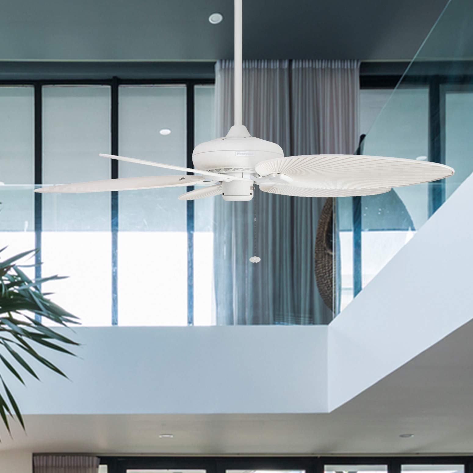 Honeywell 52 Inch Tropical Palm Island Ceiling Fan with Pull Chain - Tri-Mount 5 Palm Leaf Blades, ETL Wet Rated for Outdoor Use, White (50200-01) - Perfect for Patio, Porch, and Poolside Cooling