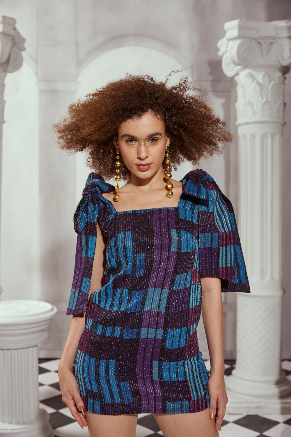 Blue Tile Print Tie-Up Bow Short Sleeve Dress - Casual Summer Outfit for Beach, Party & Date Night