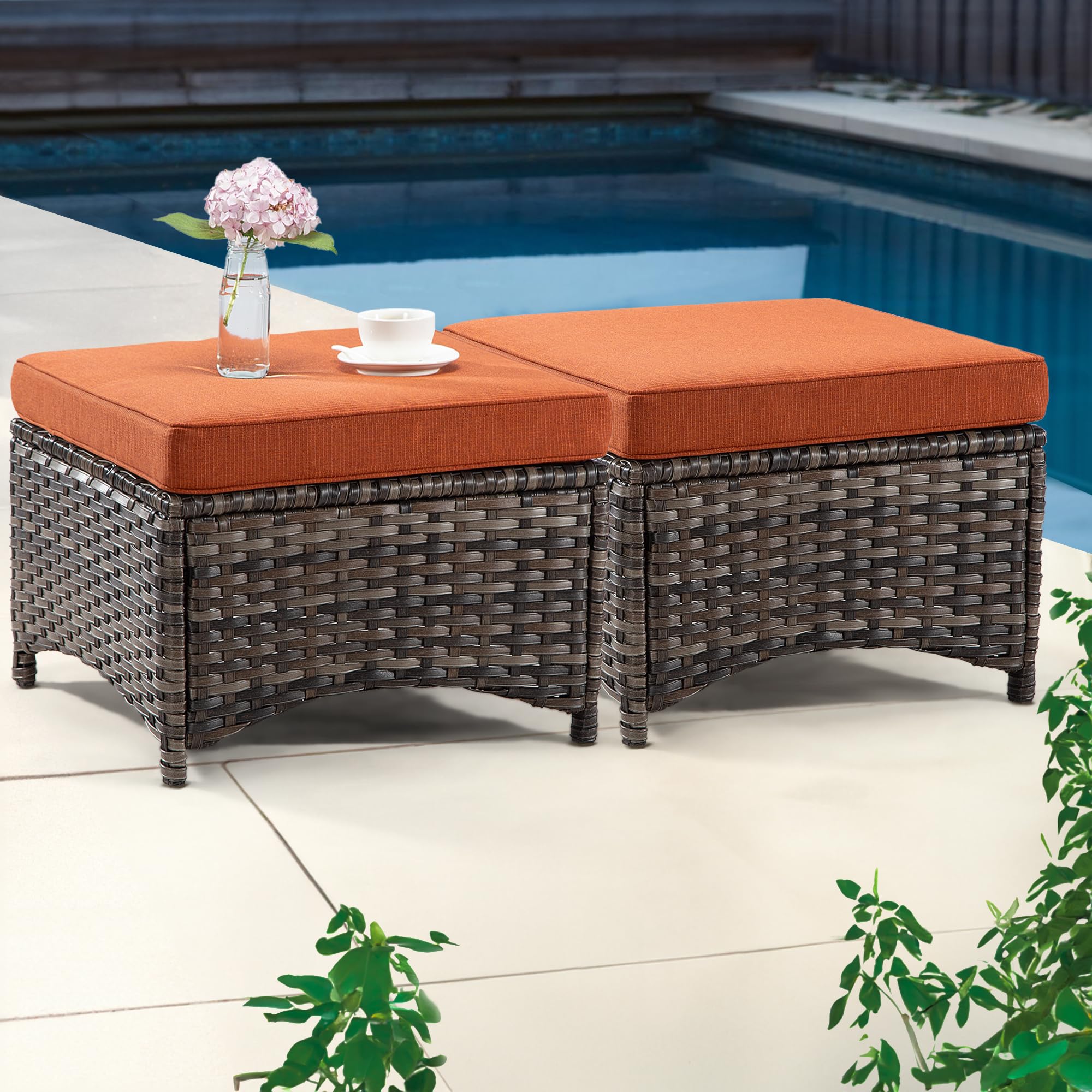 Joyside Outdoor Ottomans Set of 2 - PE Wicker Steel Frame Footstool with Removable Olefin Cushions for Patio, Garden, Backyard & Deck - Orange | Perfect for Outdoor Lounging, Poolside Relaxation & Entertaining Guests