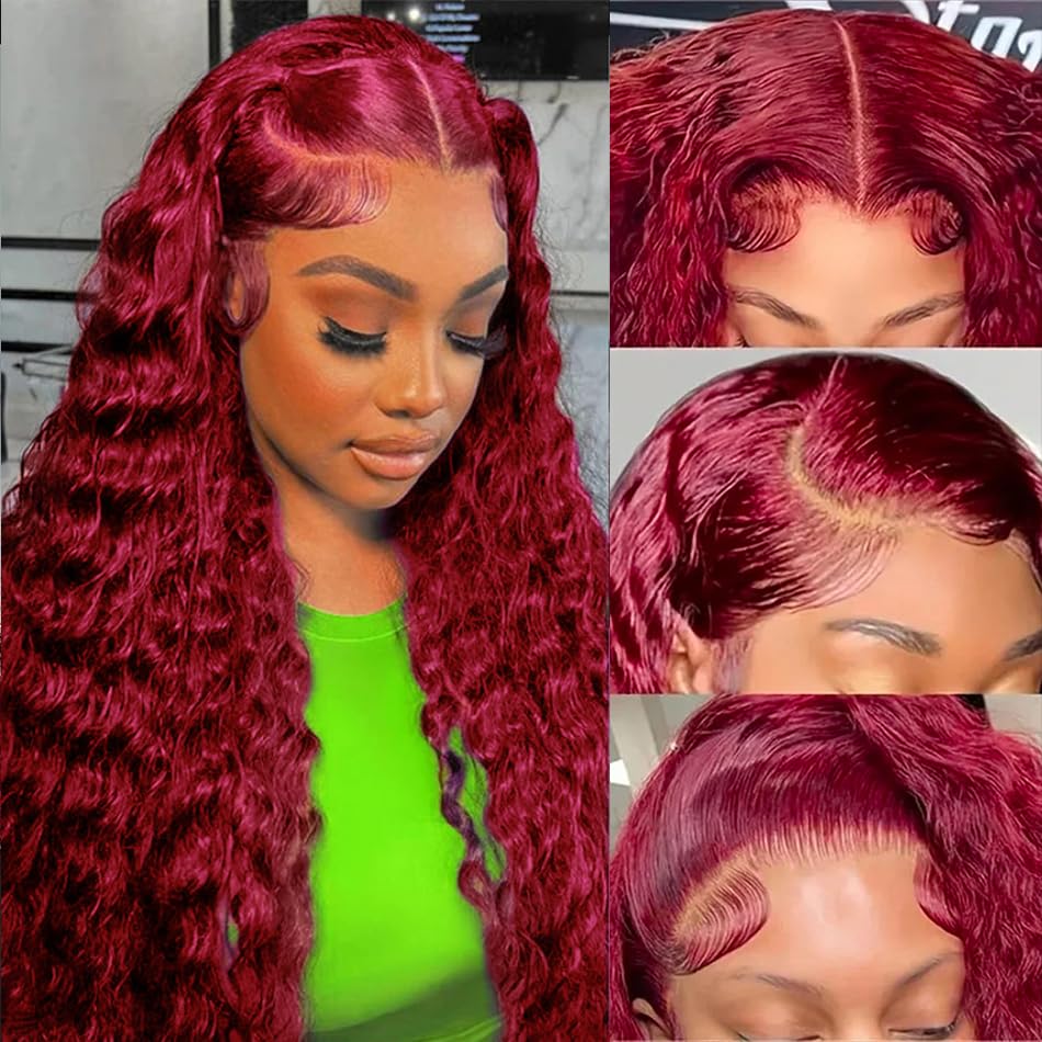 99J Burgundy Deep Wave Lace Front Wigs - 200% Density 13x4 Transparent Lace Human Hair Wig for Women | Glueless Pre-Plucked Brazilian Virgin Hair | 24 Inch Natural Looking Wig for Daily Wear, Parties & Special Occasions