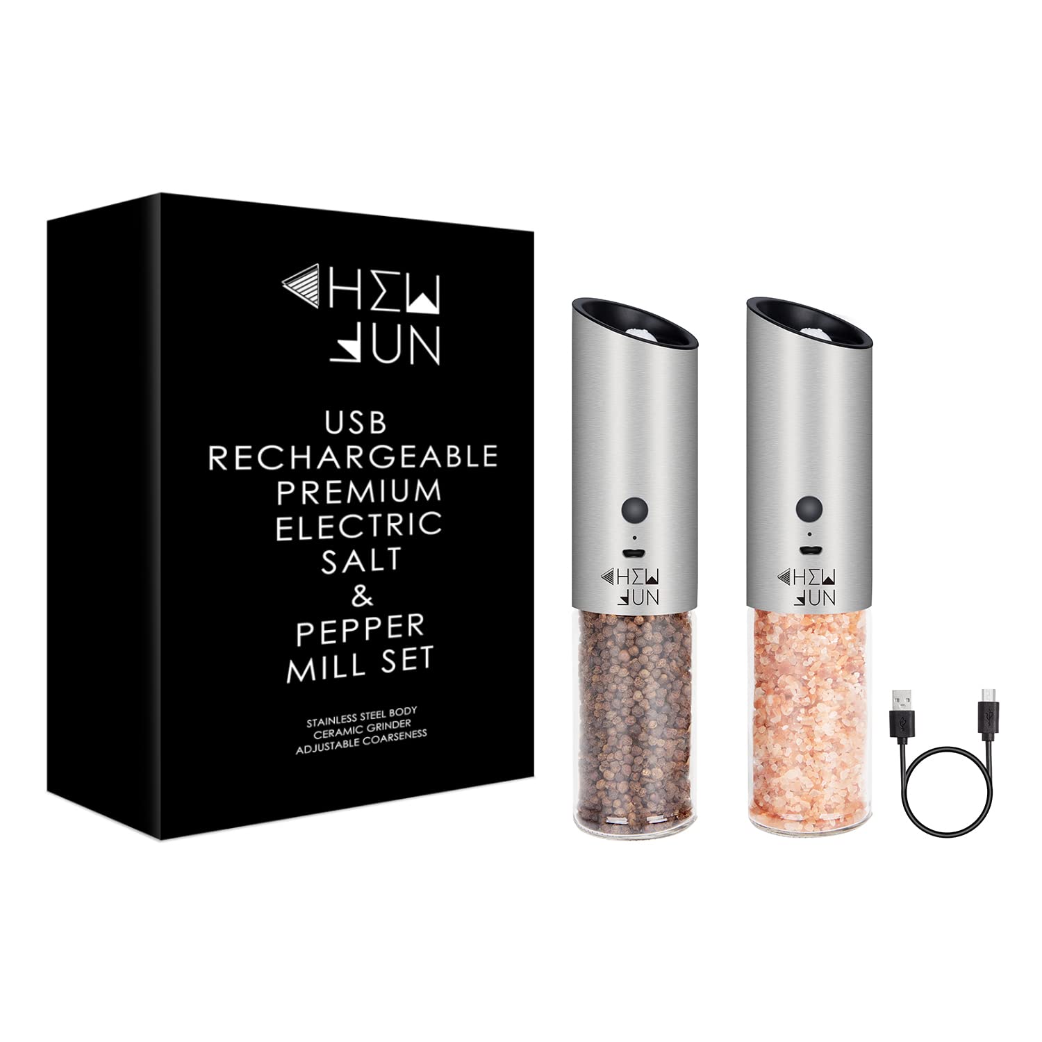 USB Rechargeable Electric Gravity Salt and Pepper Grinder Set - Adjustable Coarseness, Automatic One-Hand Operation, Brushed Stainless Steel with White LED Light | Perfect for Kitchen, Dining Table, Camping & Gifts by CHEW FUN