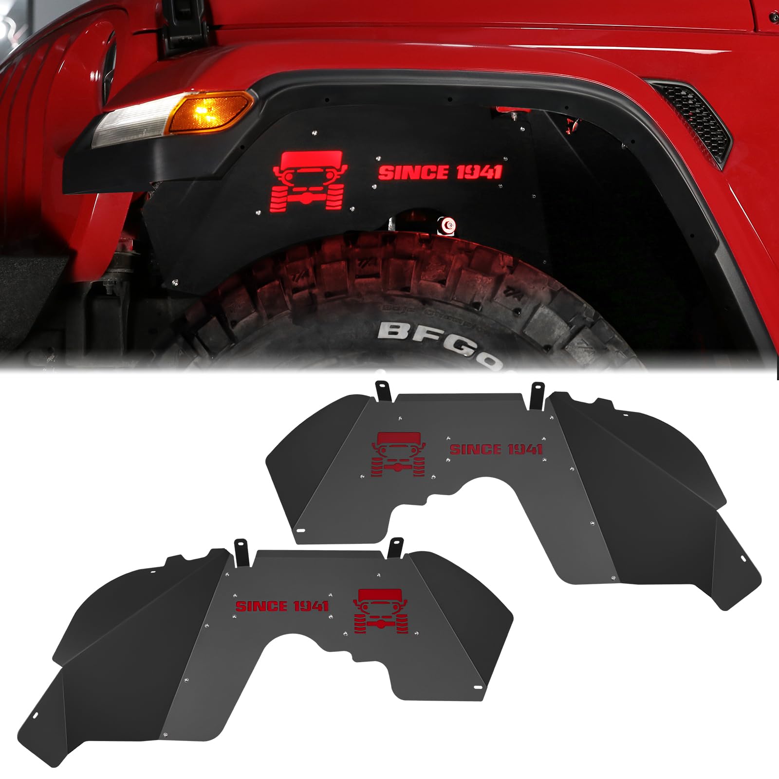 Aluminum Front Inner Fender Liners with 4 LED Lights for 2018-2022 Jeep Wrangler JL & JLU Unlimited (2 & 4 Door) - Off-Road Protection & Enhanced Visibility for Night Driving
