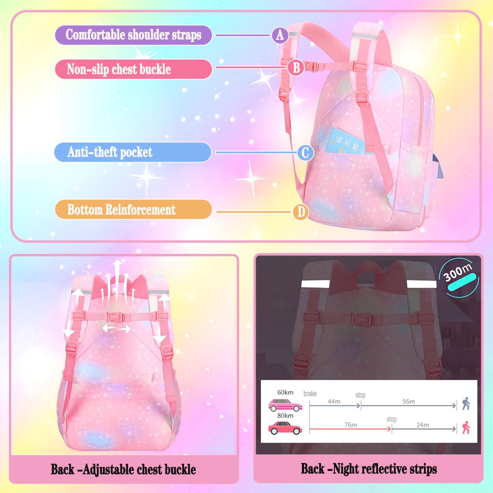 **Cute Rainbow Backpack for Girls & Kids - Aesthetic Starry School Backpack with Pen Holder, Laptop Travel Bag for Students, Teens, and Daily Use**