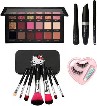 VELORA Professional Textured Rose Gold Eyeshadow Palette Set - 3-in-1 Eyebrow Pencil, Eyeliner & Mascara with 7pc Makeup Brushes & False Eyelashes with Glue | Perfect for Bridal, Party & Professional Makeup Looks