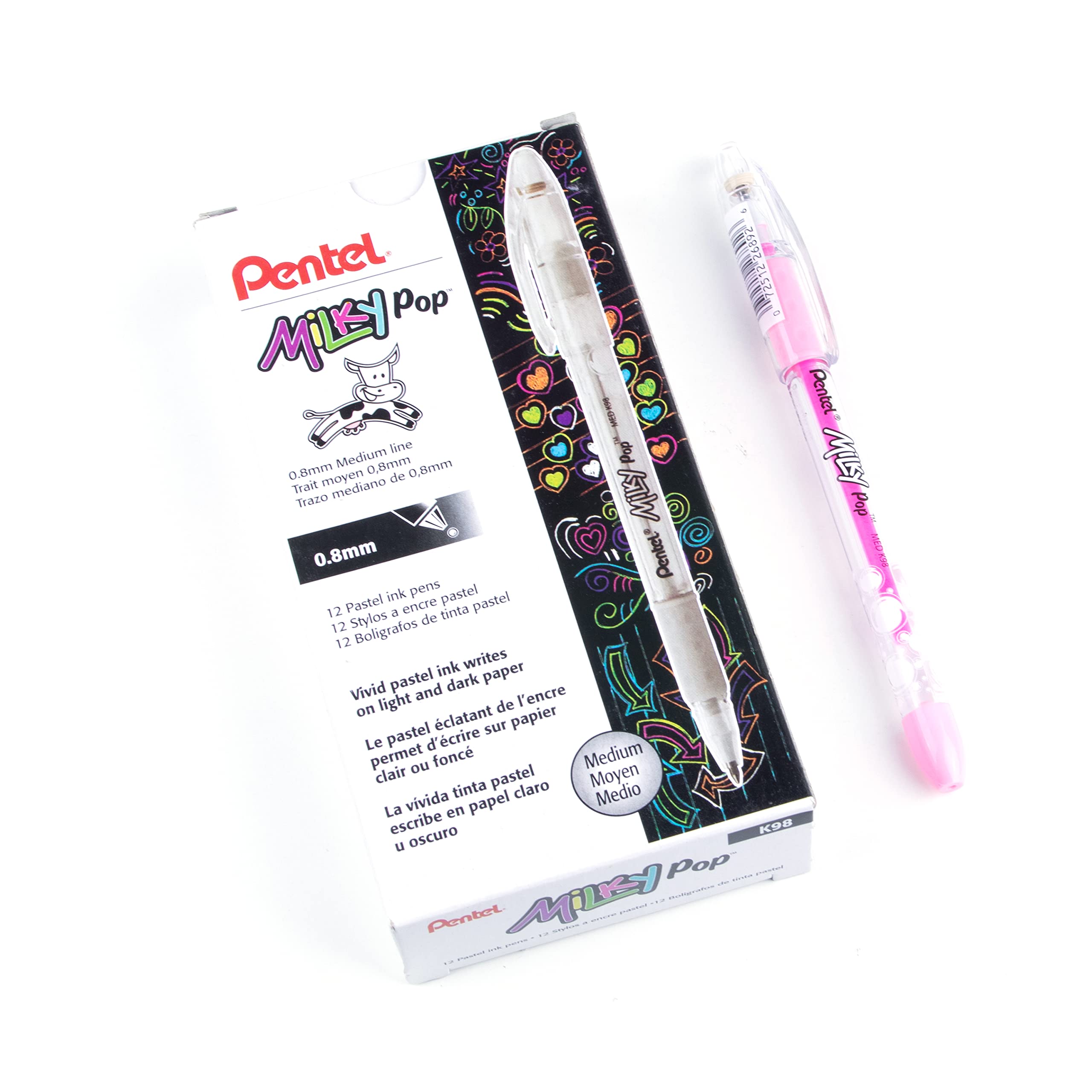 Pentel Milky Pop Pastel Gel Pen Set - 0.8mm Medium Point, 12 Pink Ink Pens (K98-LP) for Journaling, Note Taking & Creative Writing
