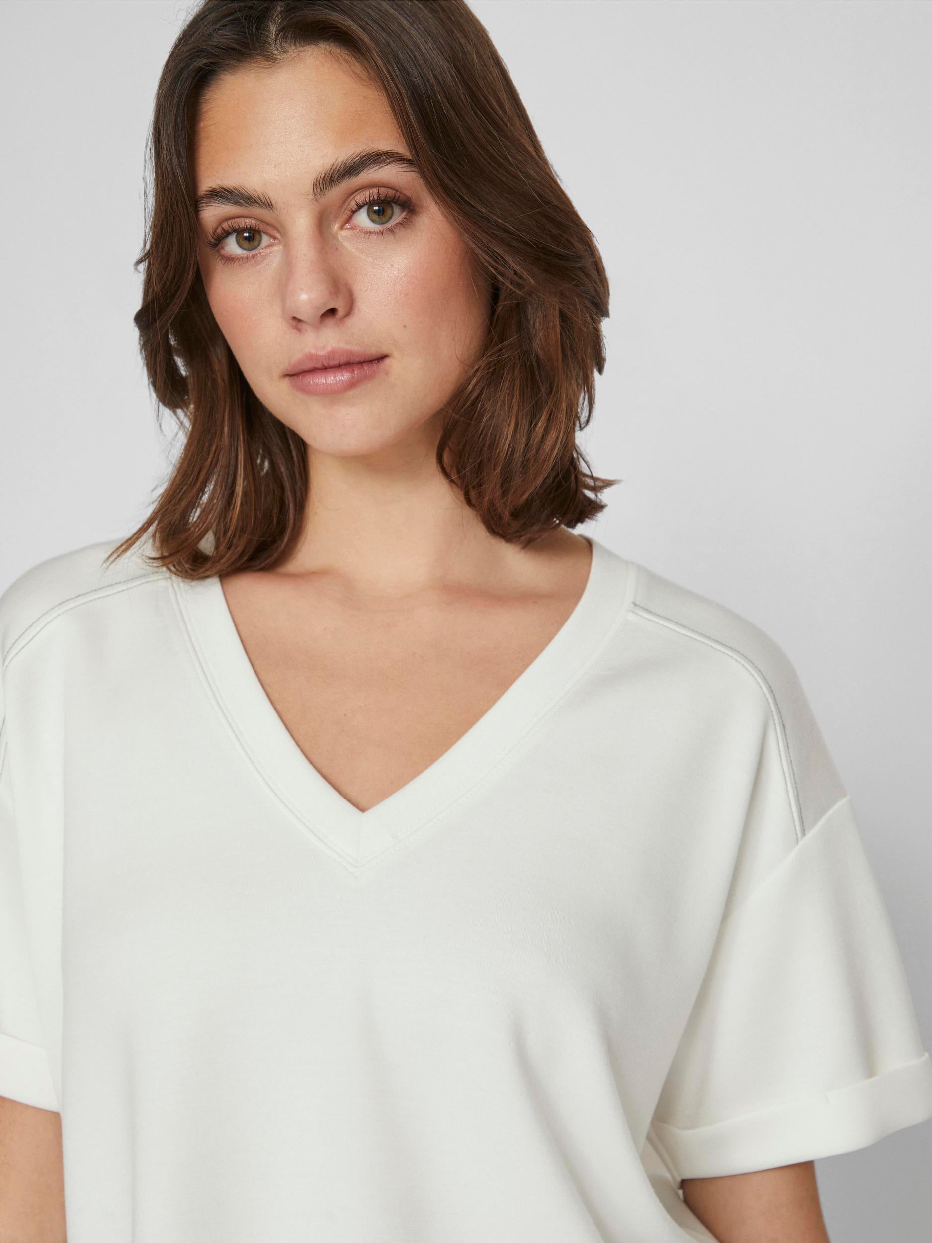CRENA V-Neck T-Shirt for Women - Soft Cotton Casual Tee in Egret & Dusty Olive | Perfect for Everyday Wear, Layering & Outfits